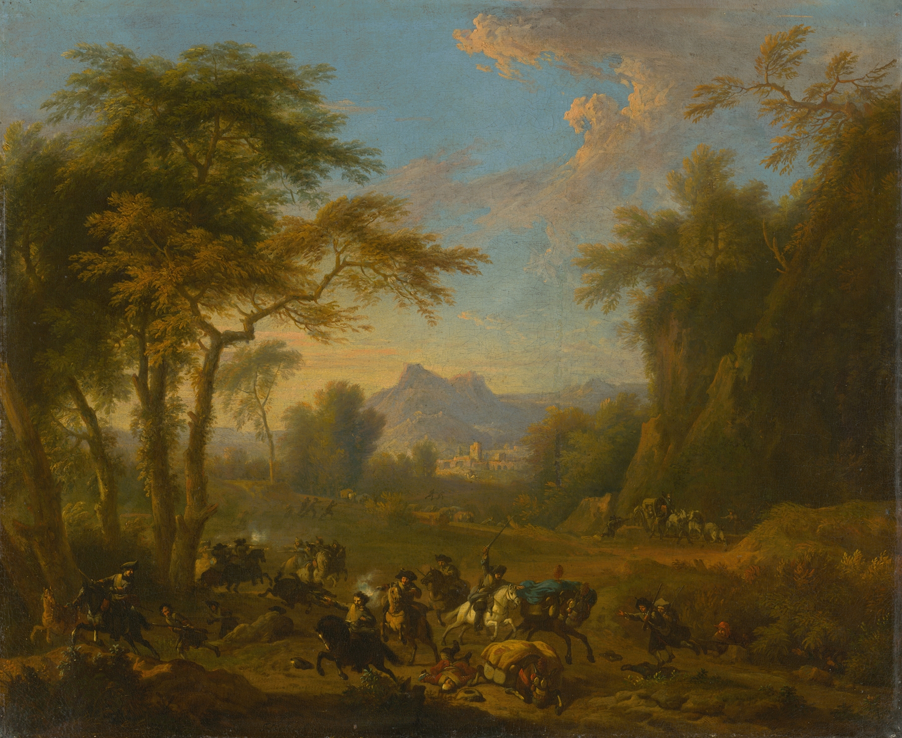 Raid by Jan van Huchtenburg, oil painting depicting horses in a historical battle with dramatic light
