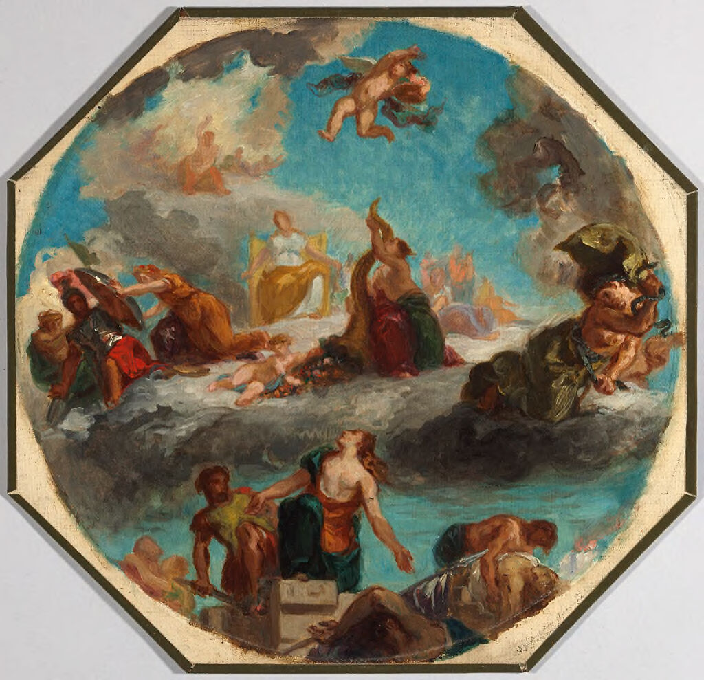 Religious oil painting by Pierre Andrieu depicting figures bathed in celestial light.