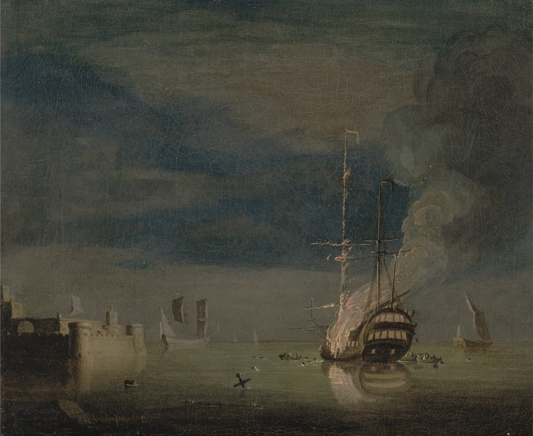 A Two-Decker on Fire at Night off a Fort, by Charles Brooking, public domain