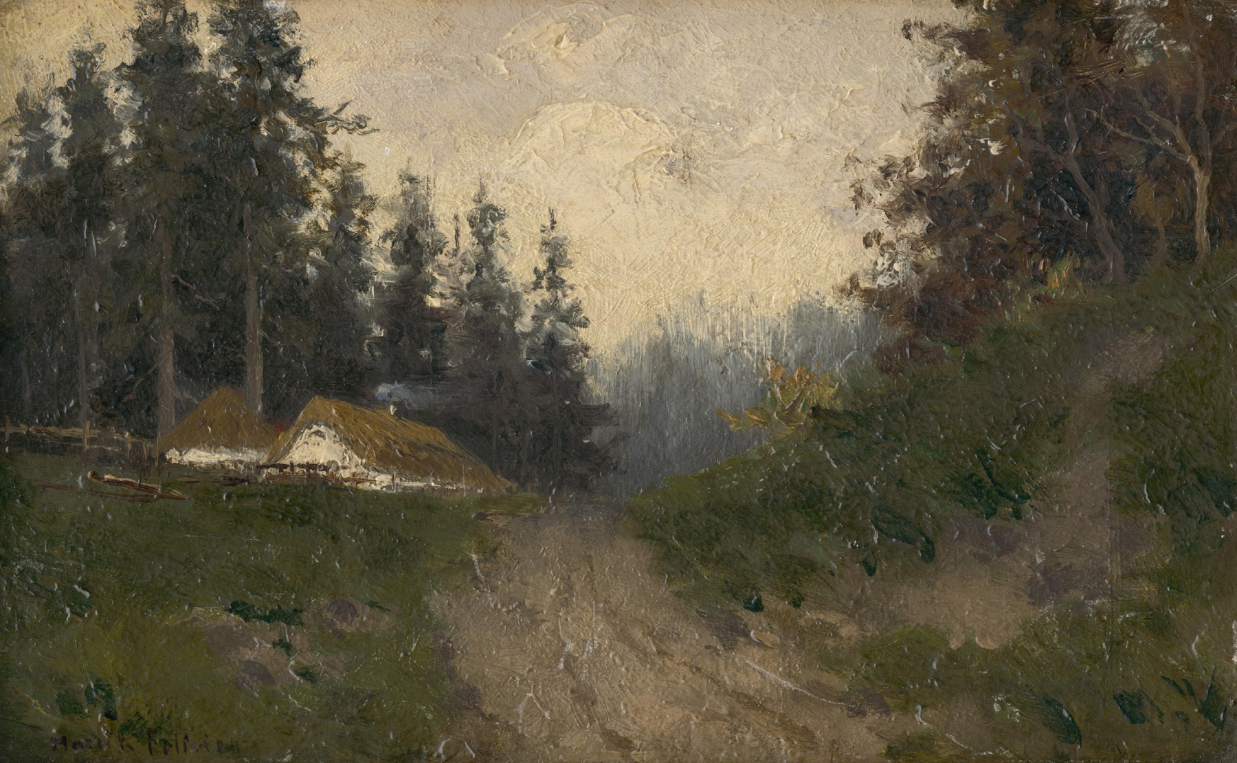 Cottages in the Woods by Felicián Moczik, realism, depicting rustic cottages in a forest.