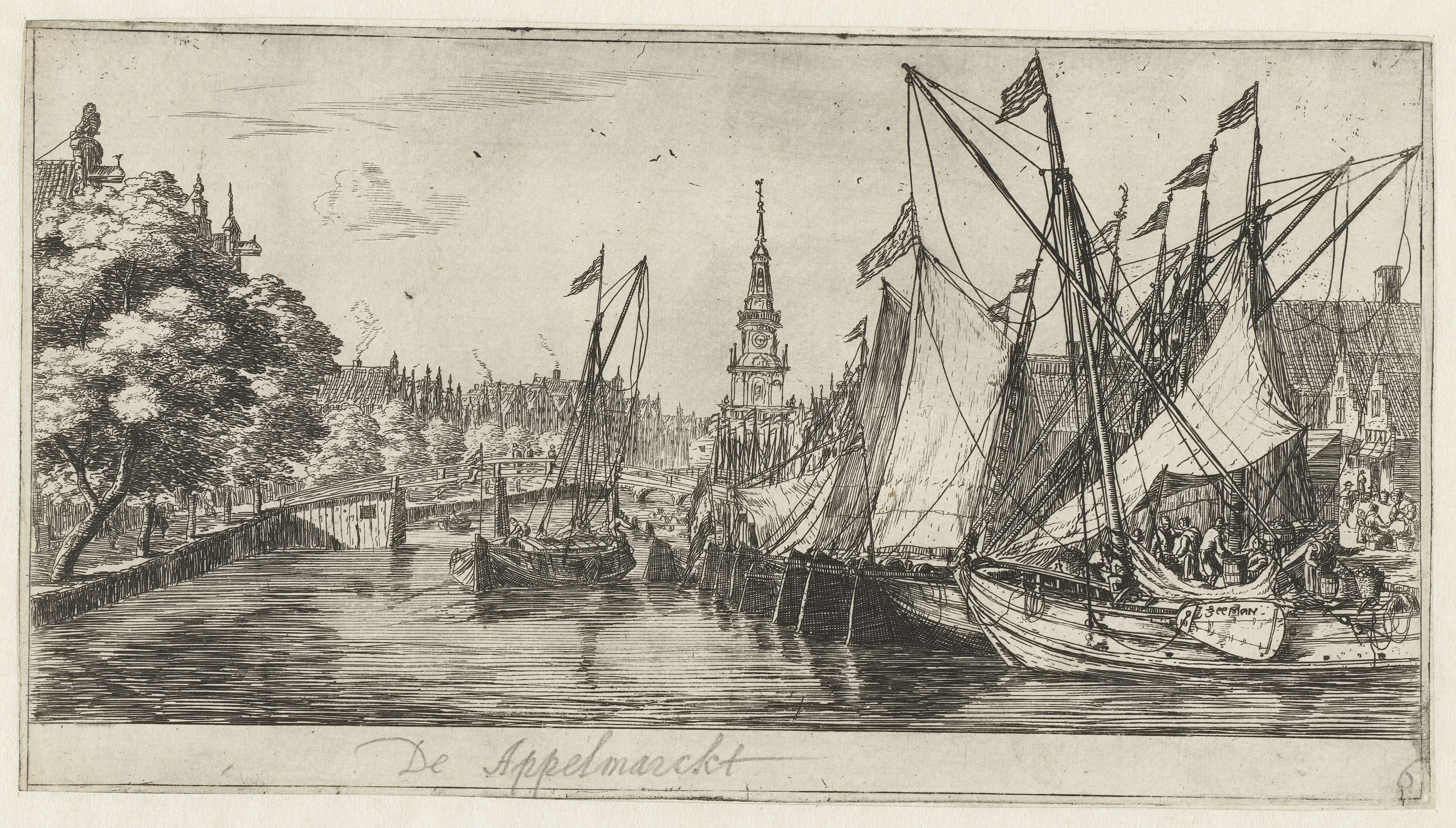 De Appelmarkt etching by Reinier Nooms depicting a bustling marketplace with figures and goods