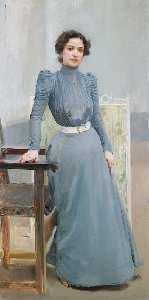 Clotilde in a grey dress by Joaquín Sorolla showcases a woman in a serene pose.