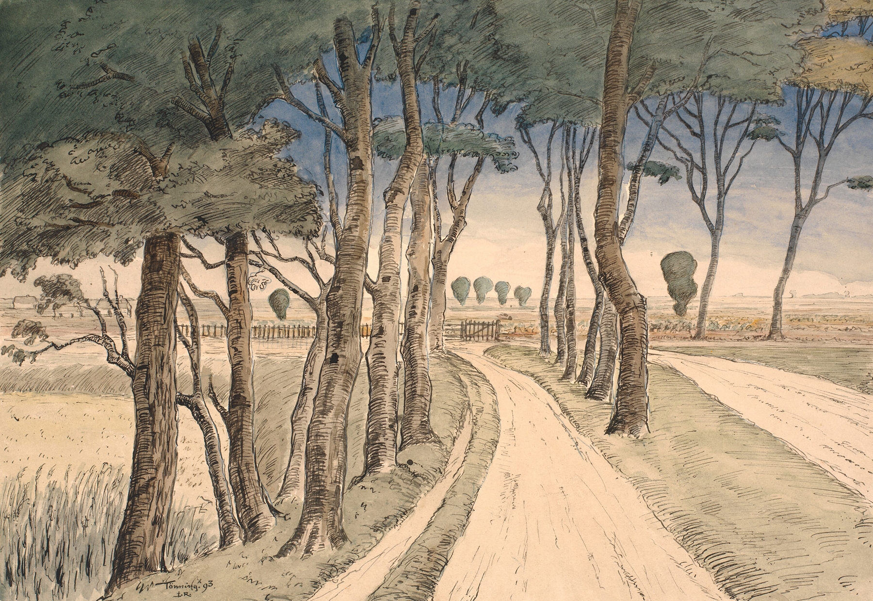 Field Landscape by Johan Rohde, oil painting depicting a winding road with trees and dappled sunlight.
