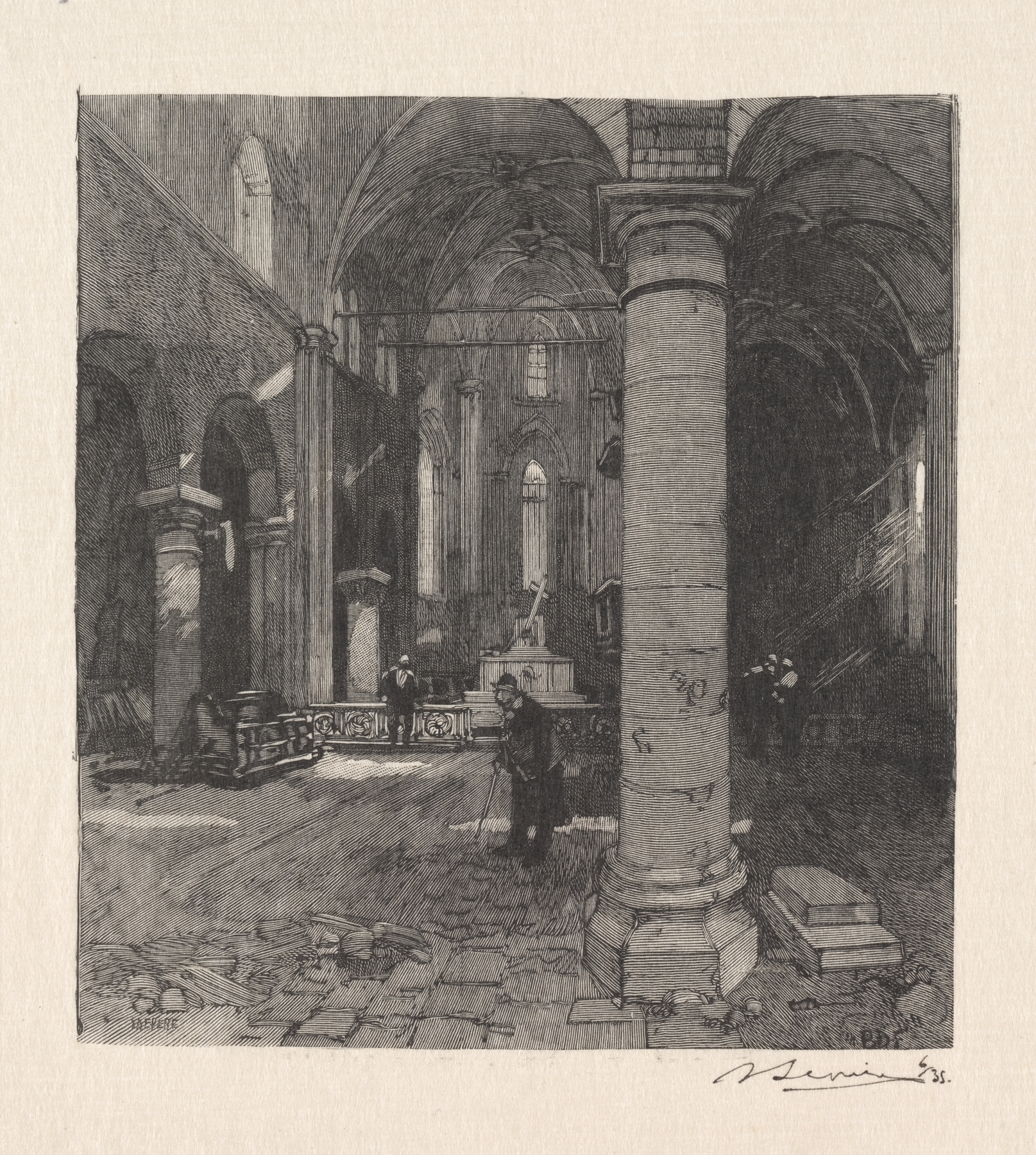 Etching by Auguste Louis Lepère depicting church interior with light and shadow