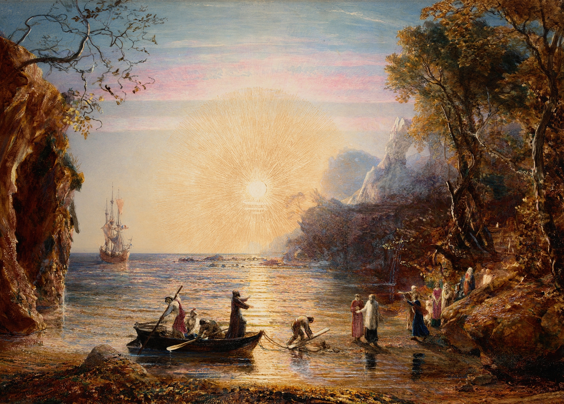 St. Paul Landing in Italy by Samuel Palmer, oil on canvas, depicting a sunset over tranquil waters with figures.