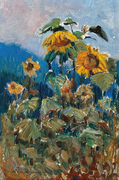 A vibrant study of sunflowers by Marie Egner, showcasing her unique approach to botanical art.