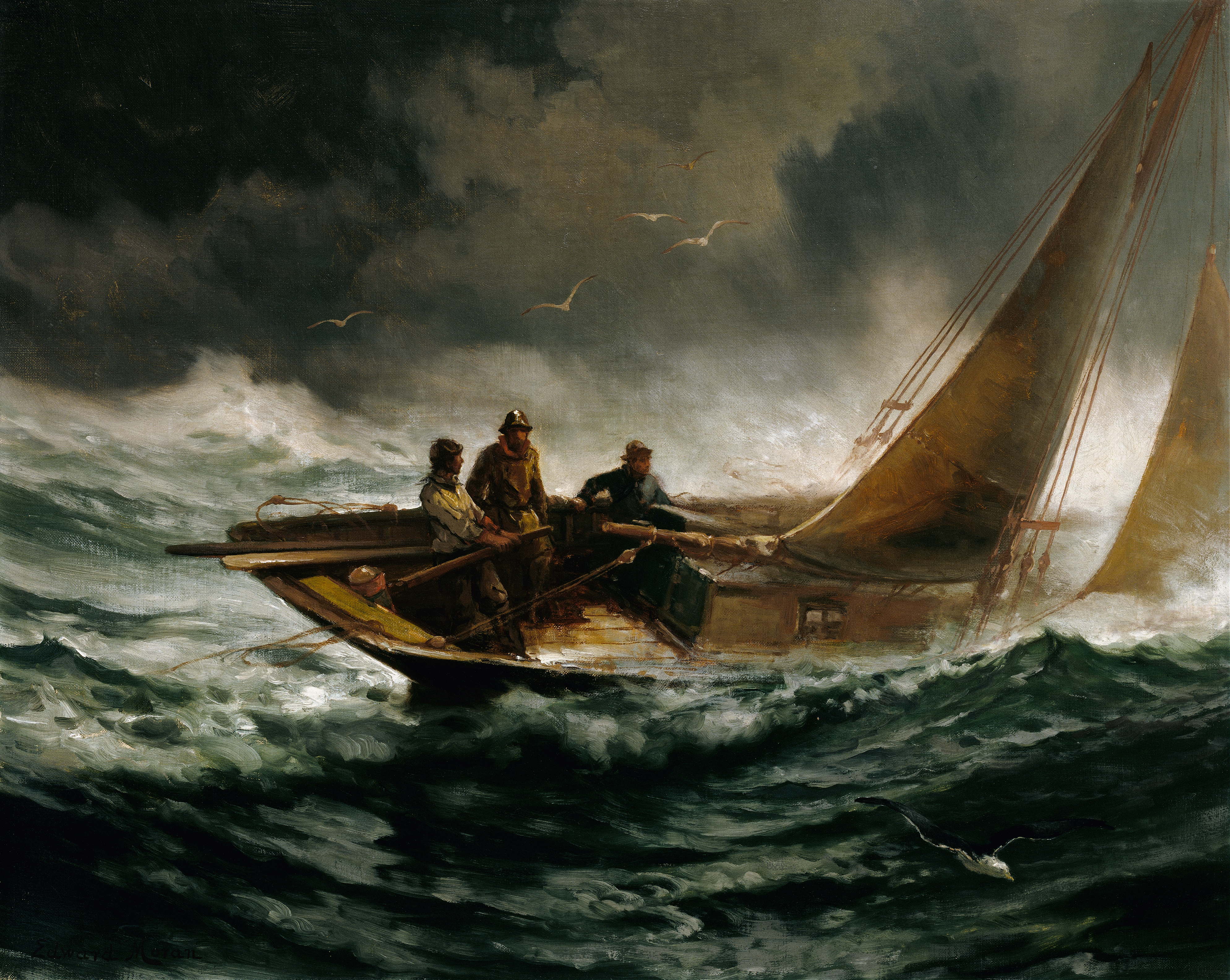 Riding out a Gale, by Edward Moran, public domain