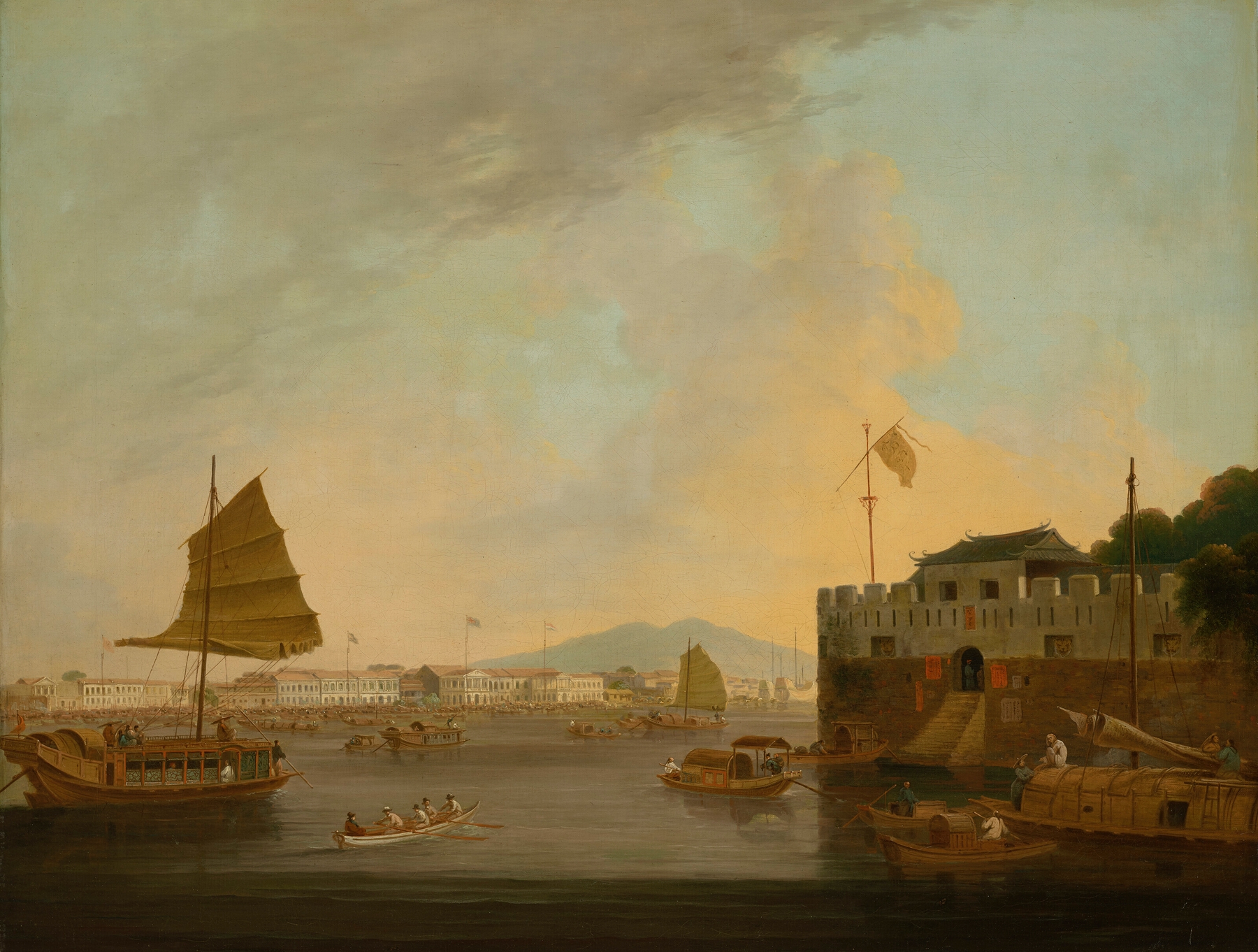 Watercolour by Thomas Daniell depicting European Factories and Dutch Folly Fort, Canton, with river and architecture.
