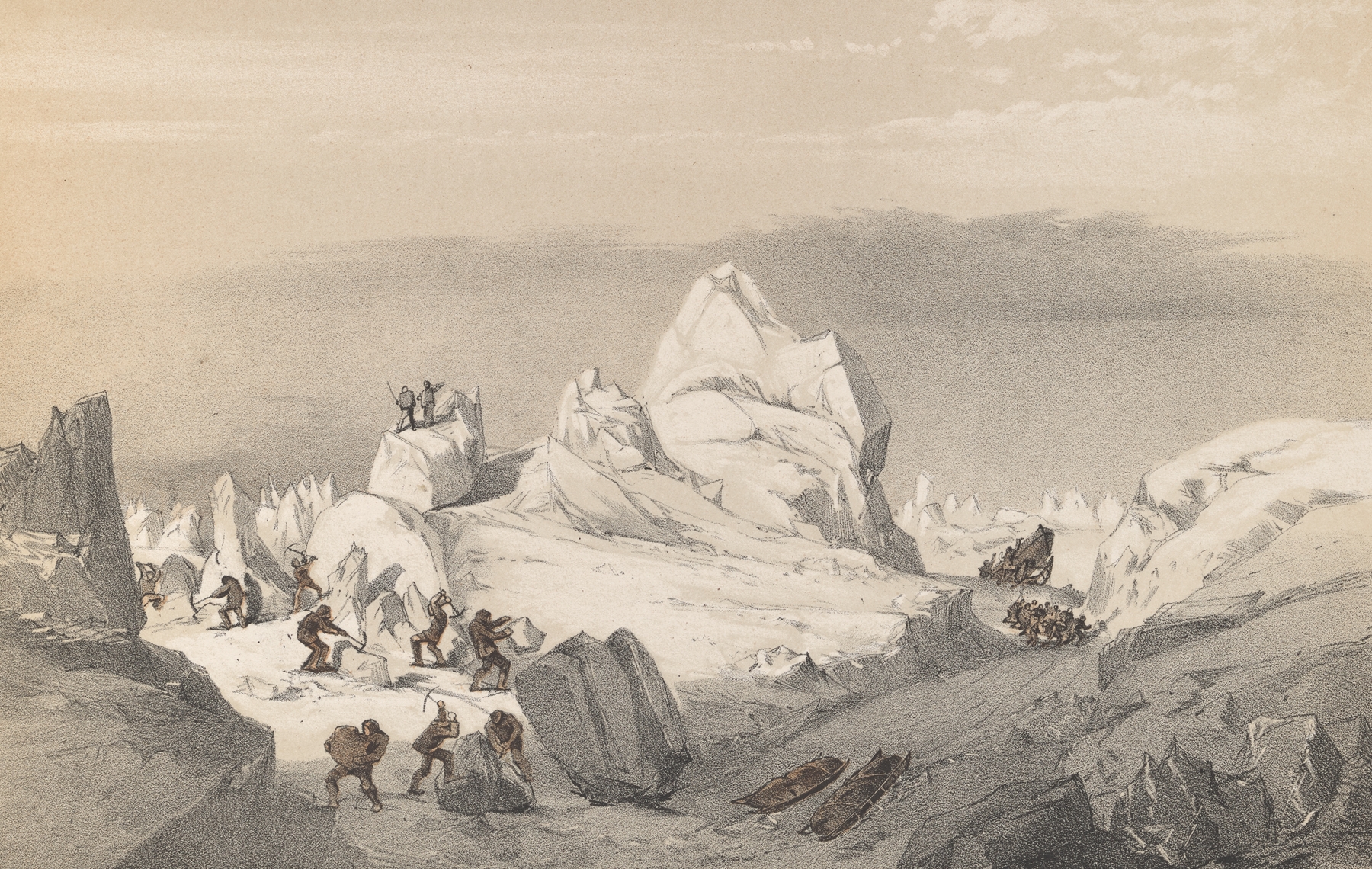 Historical scene of laborers in an arctic landscape by Walter William May, oil painting