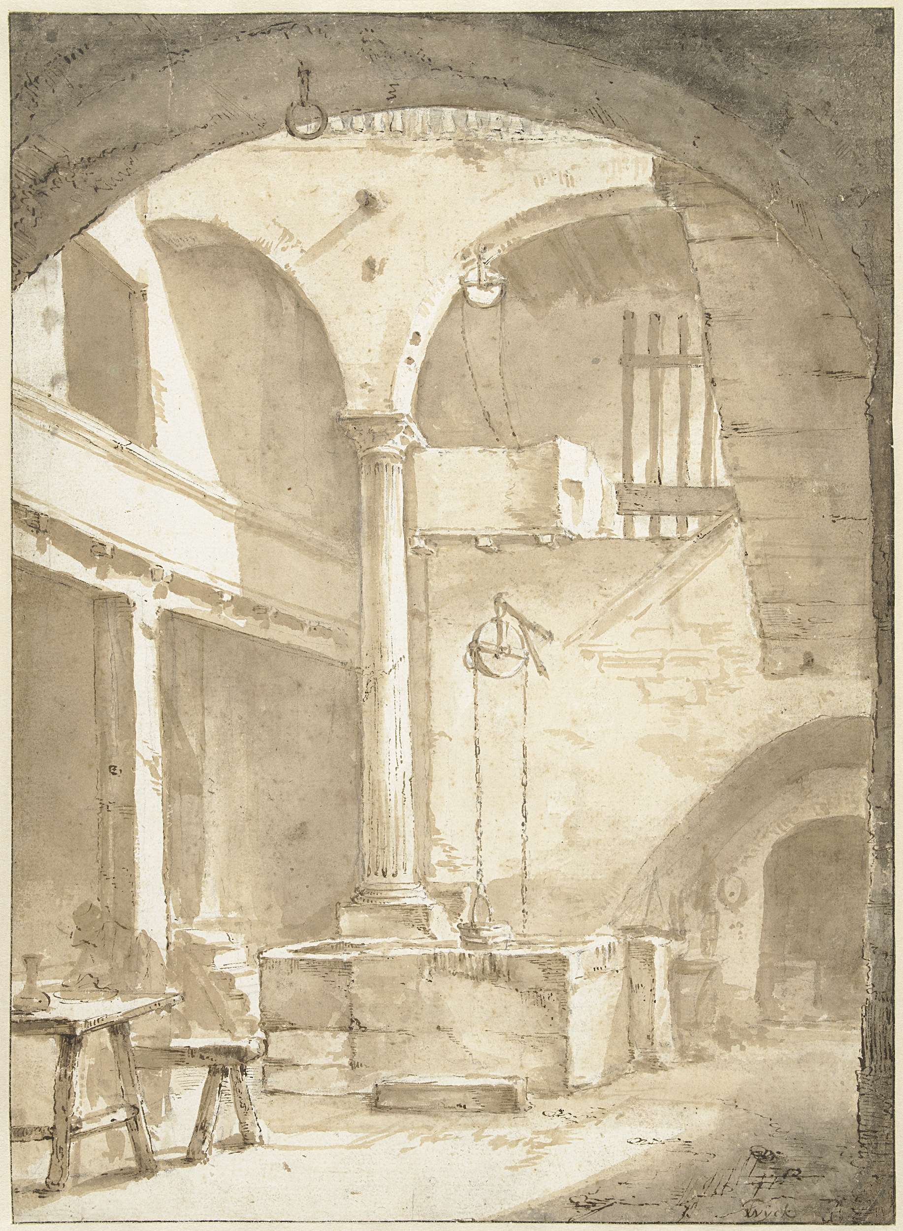Interior scene featuring a well in a courtyard, oil painting by Thomas Wijck