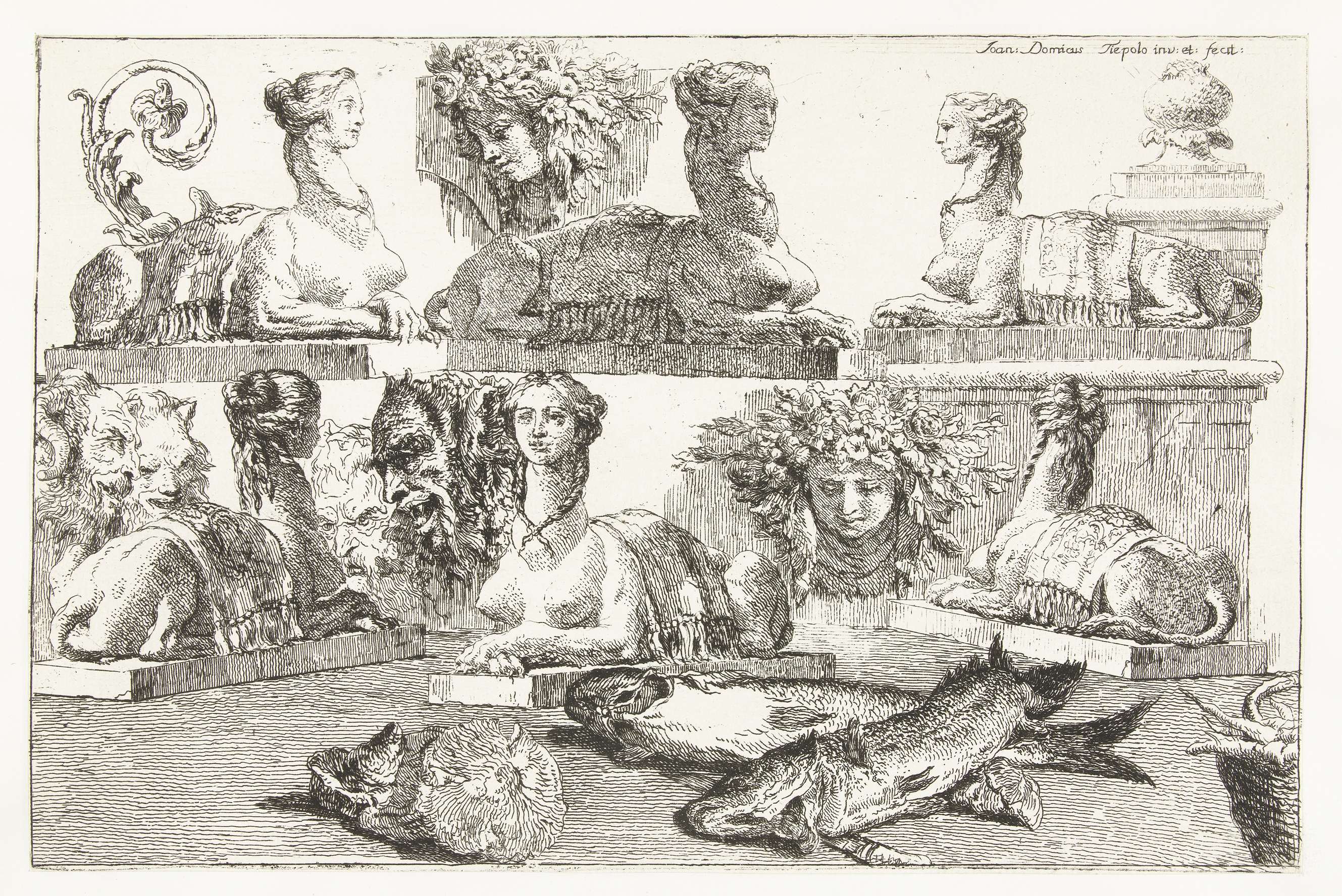 Studies van sfinxen en vissen en hoofden van saters en Flora, by Giovanni Domenico Tiepolo, public domain
