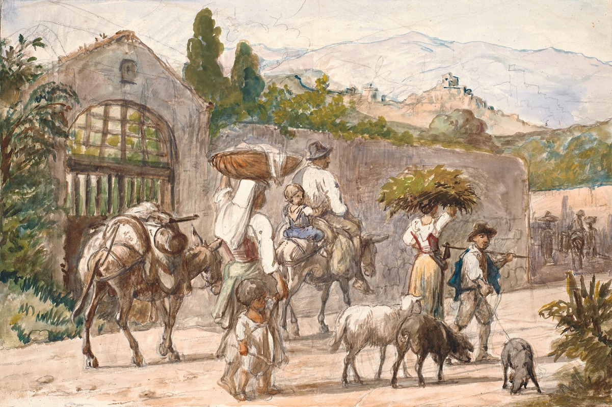 Wilhelm Marstrand's 'Landboere på vej til Rom' depicts farmers on their journey to Rome.