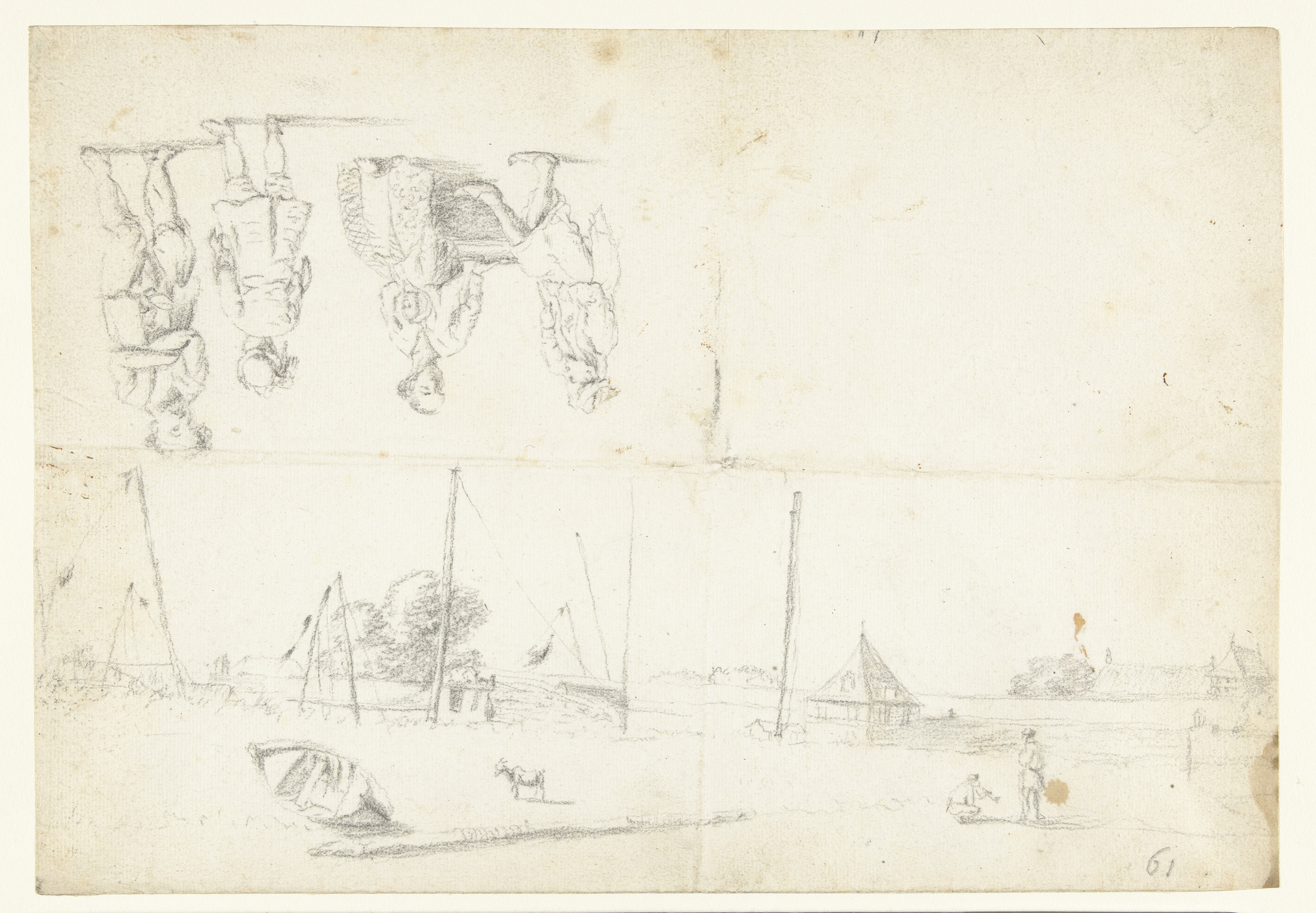 Marine scene with figures on waterway, drawing on paper by Wouter Schouten