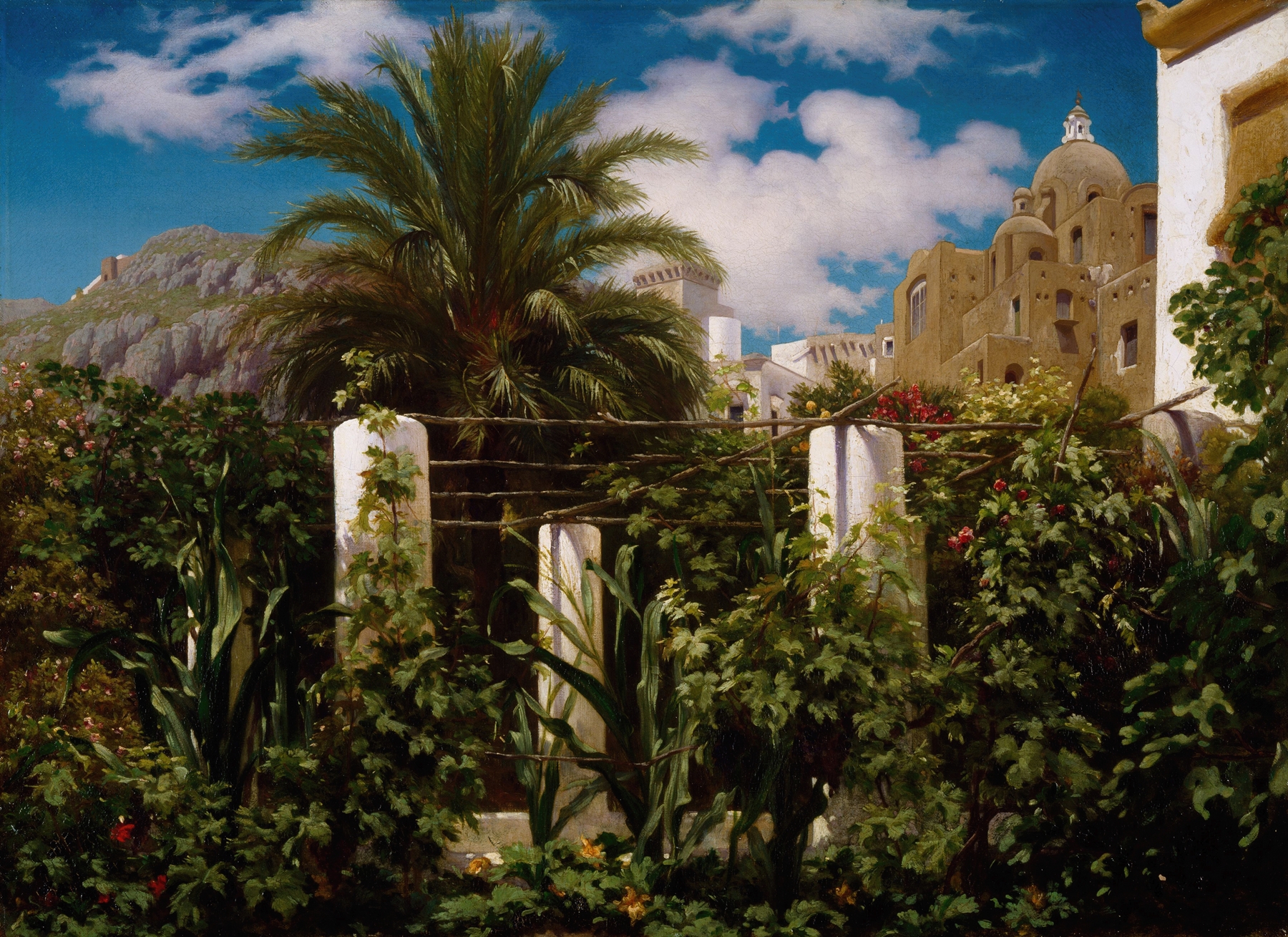 Garden of an Inn, Capri by Frederic Leighton, oil painting depicting figures in a vibrant garden.