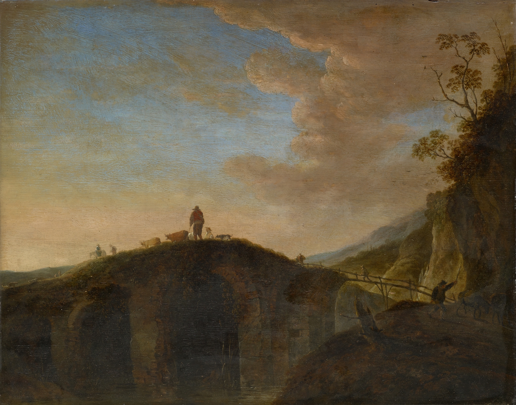 Stone Bridge by Peeter van Bredael, oil on canvas depicting a stone bridge over a river