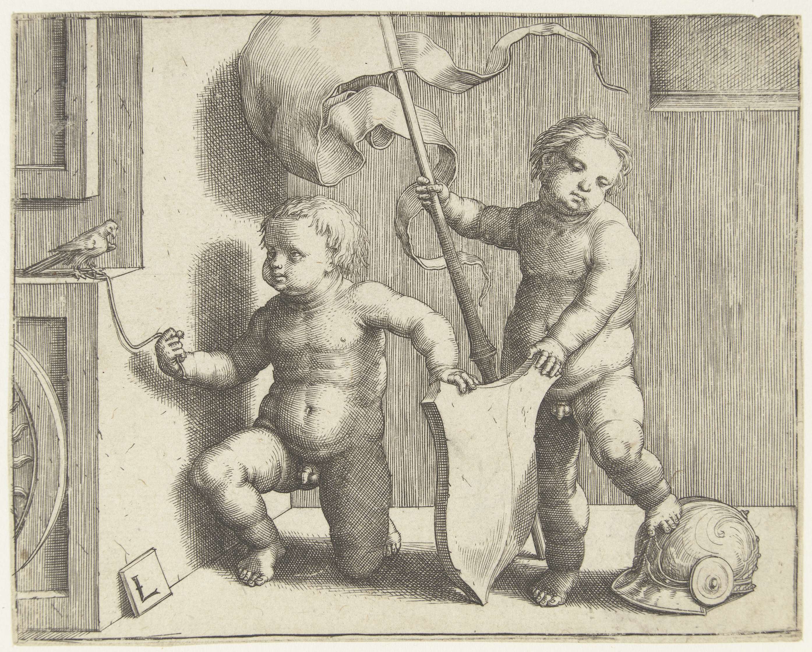 Engraving by Lucas van Leyden of two boys with a shield, helmet, and banner.