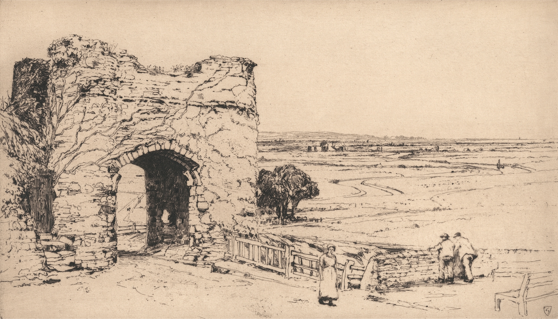 Engraving by Sir Frank Short depicting The Strand Gate, Winchelsea with morning light.
