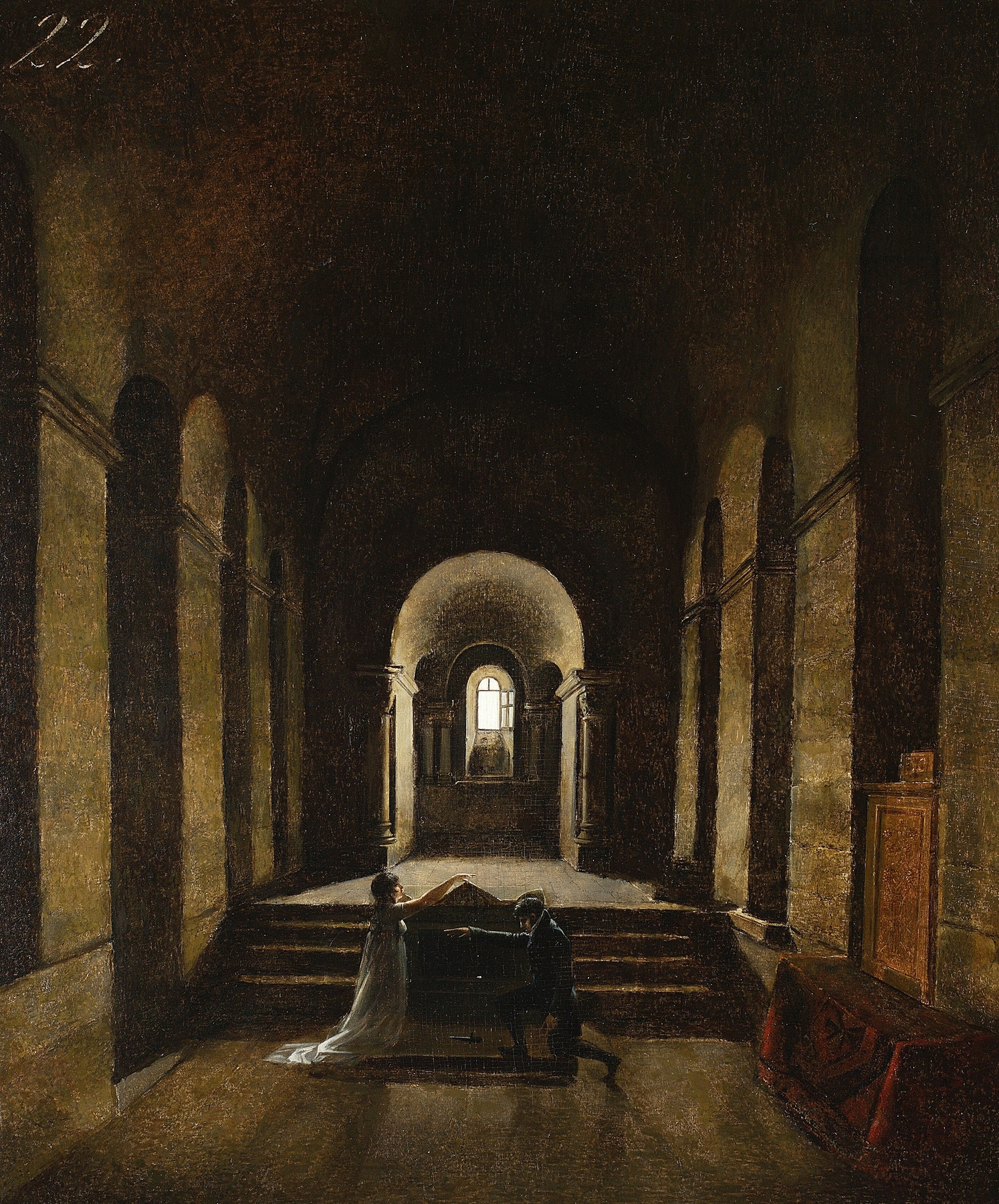 Vow (chapel interior) by François-Marius Granet, oil painting of a figure in prayer illuminated by stained glass.