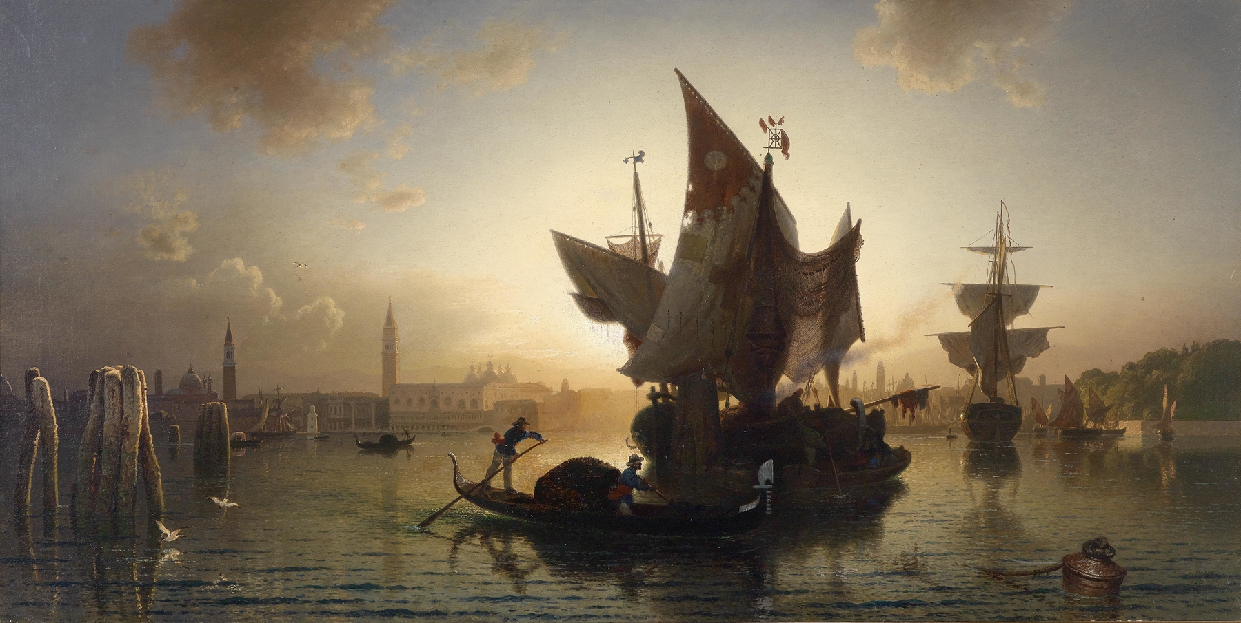 Venedig bei Sonnenuntergang by Ludwig Meixner, oil painting depicting a sunset over a canal.