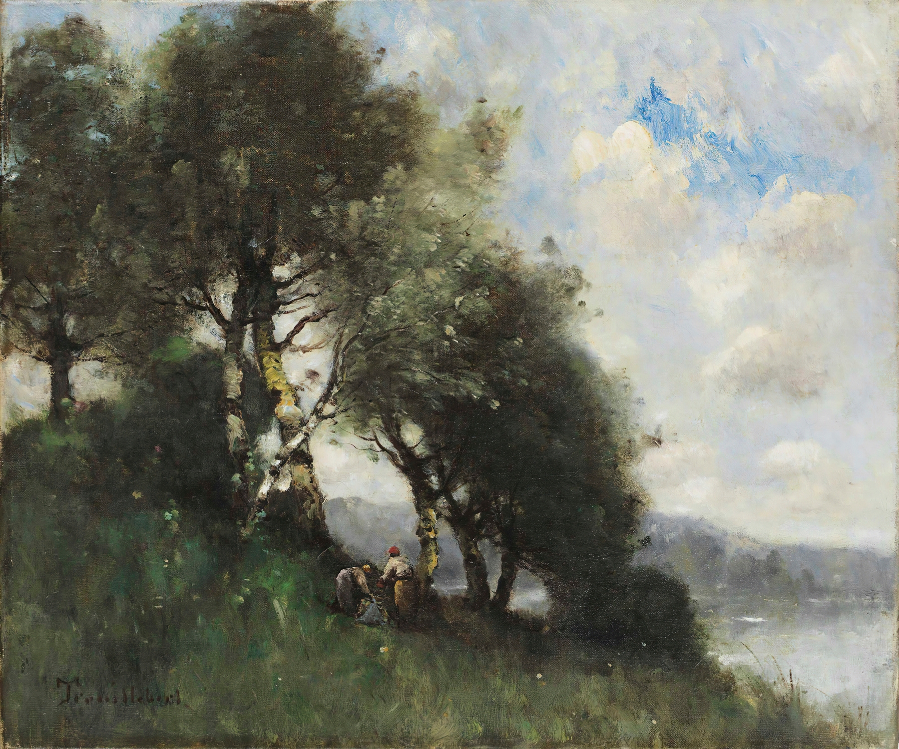 Solitary figure at water's edge in oil on canvas by Paul Désiré Trouillebert