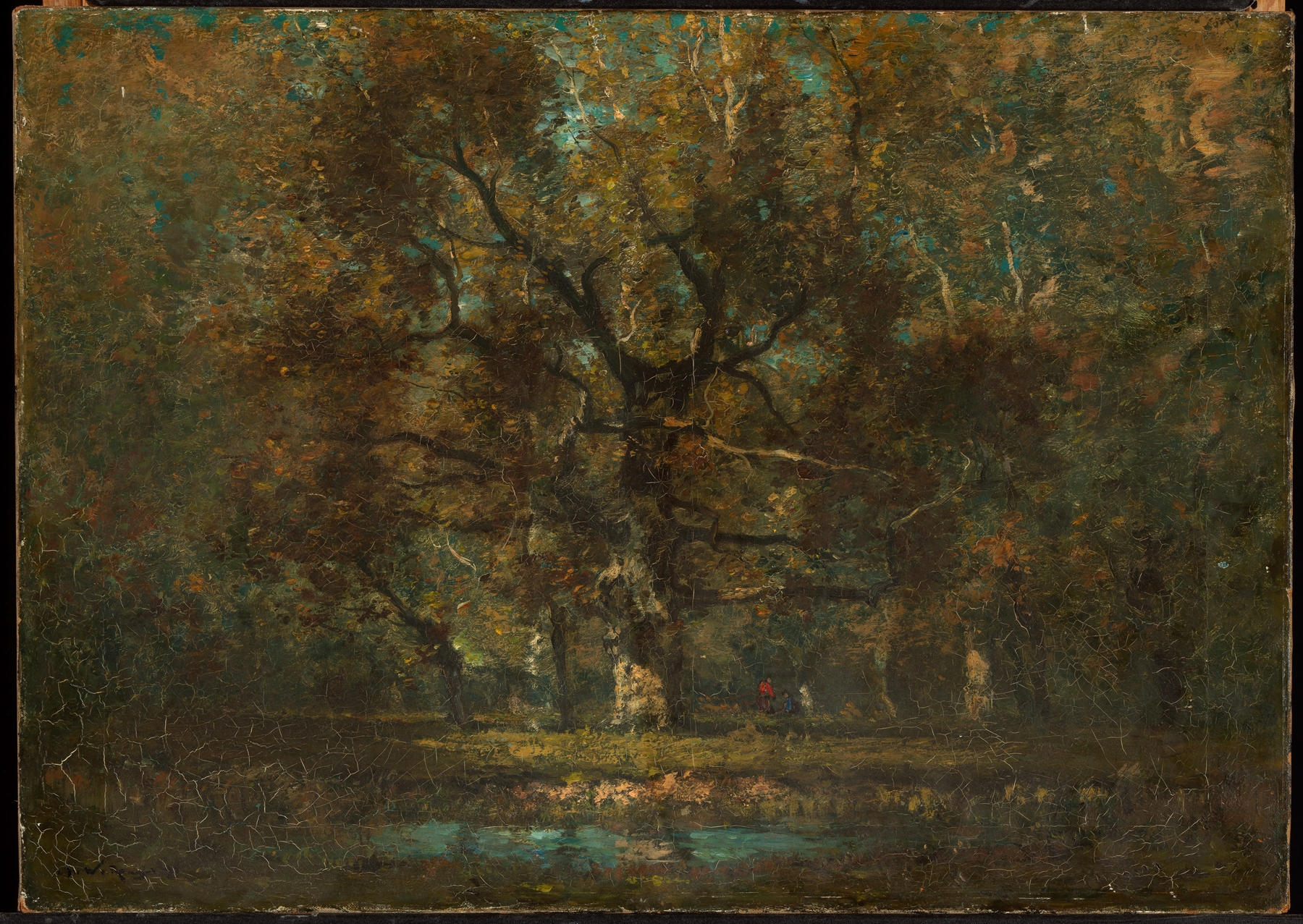 Oak Tree by Henry Ward Ranger, oil on canvas depicting a gnarled oak tree with light filtering through leaves.