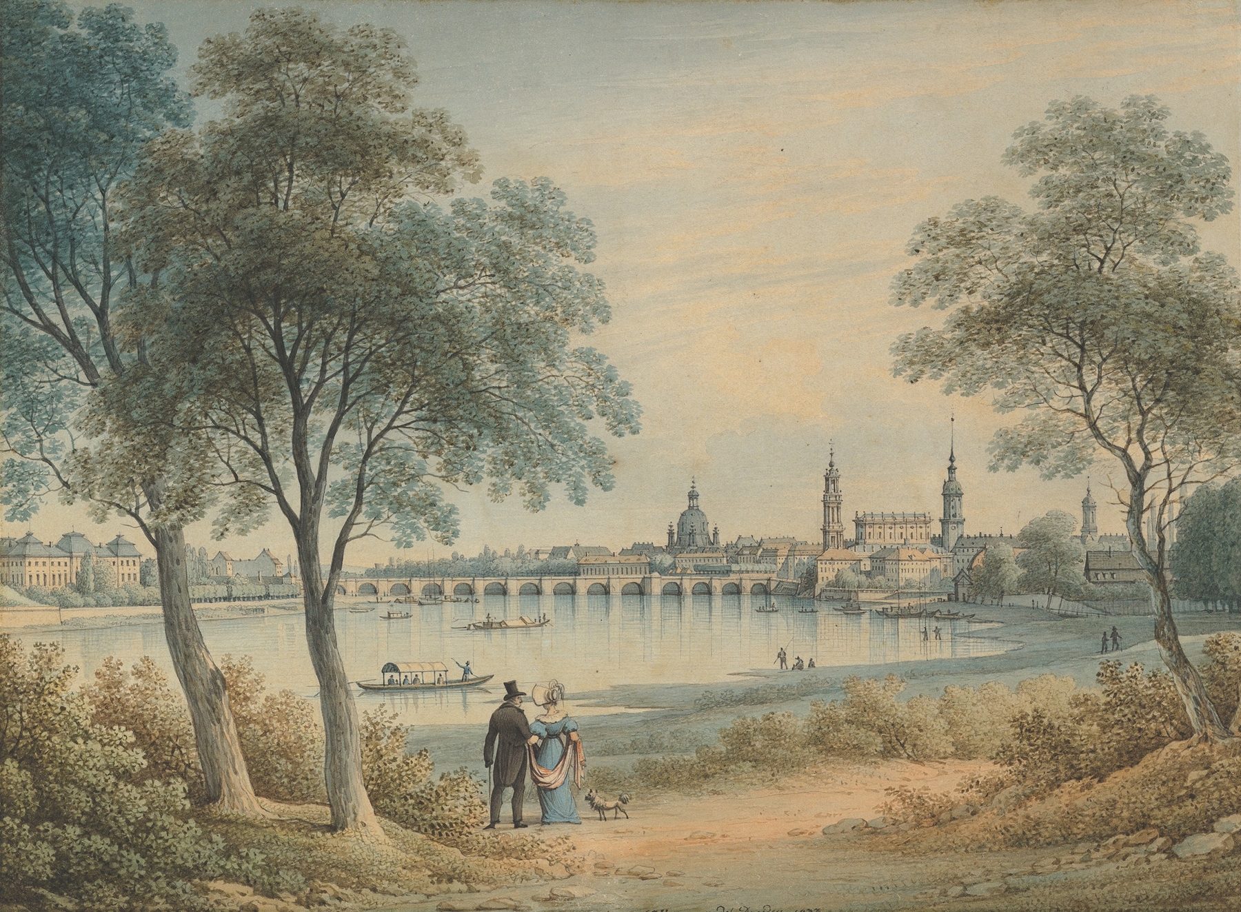 Landscape depicting Dresden skyline with river, created by Christian Gottlob Hammer in oil painting
