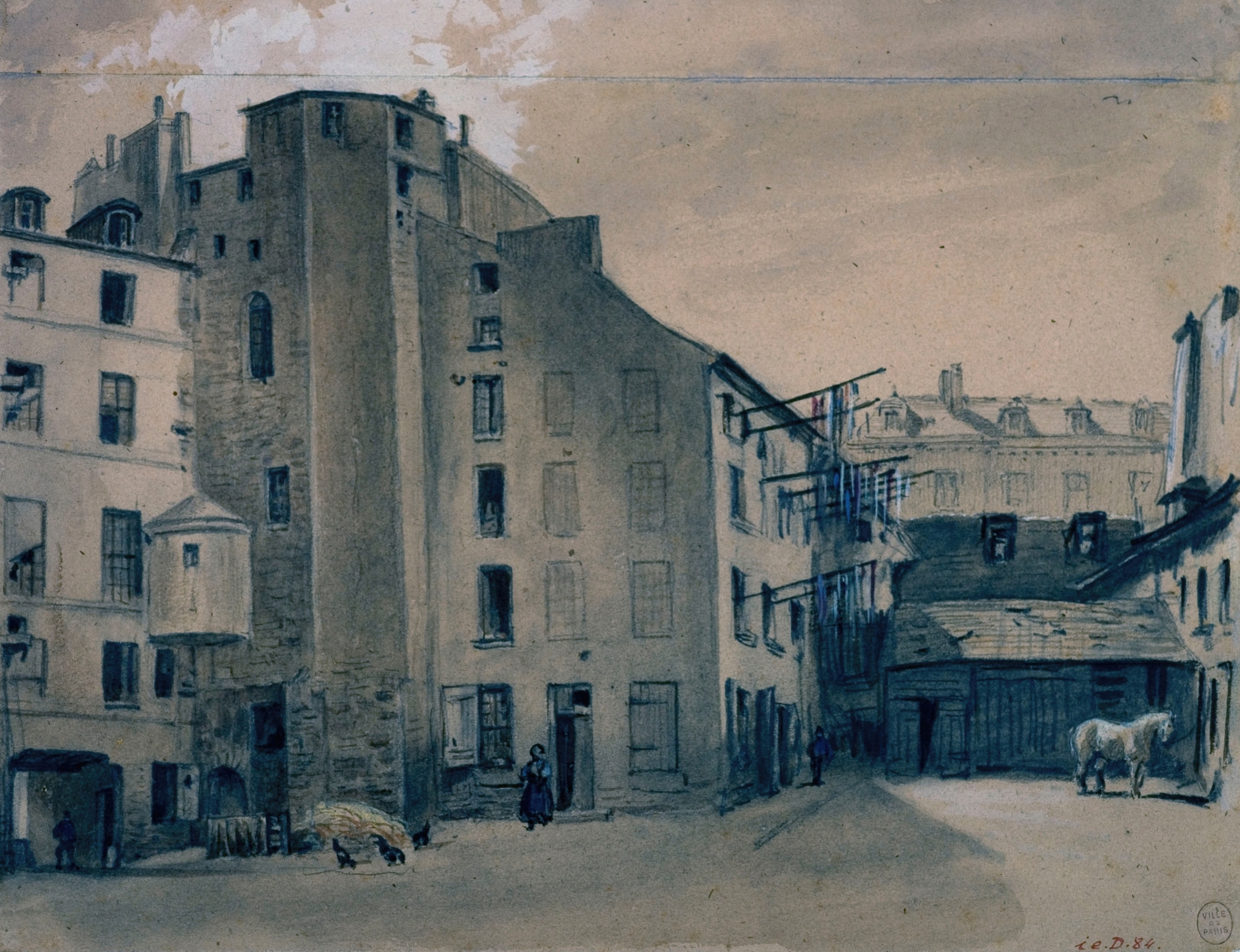 Religious scene depicting pilgrims in a courtyard, oil painting by Auguste-Sébastien Bénard
