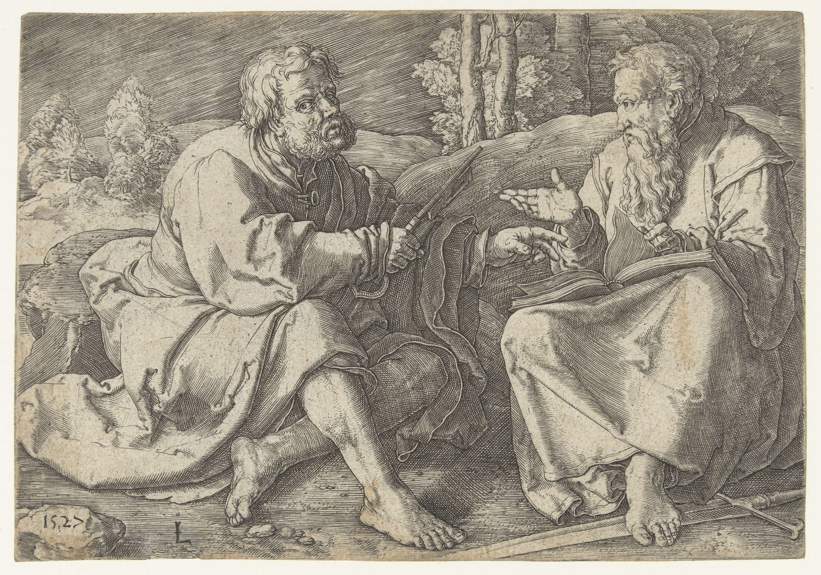 Engraving by Lucas van Leyden depicting Paulus and Petrus seated in a landscape.