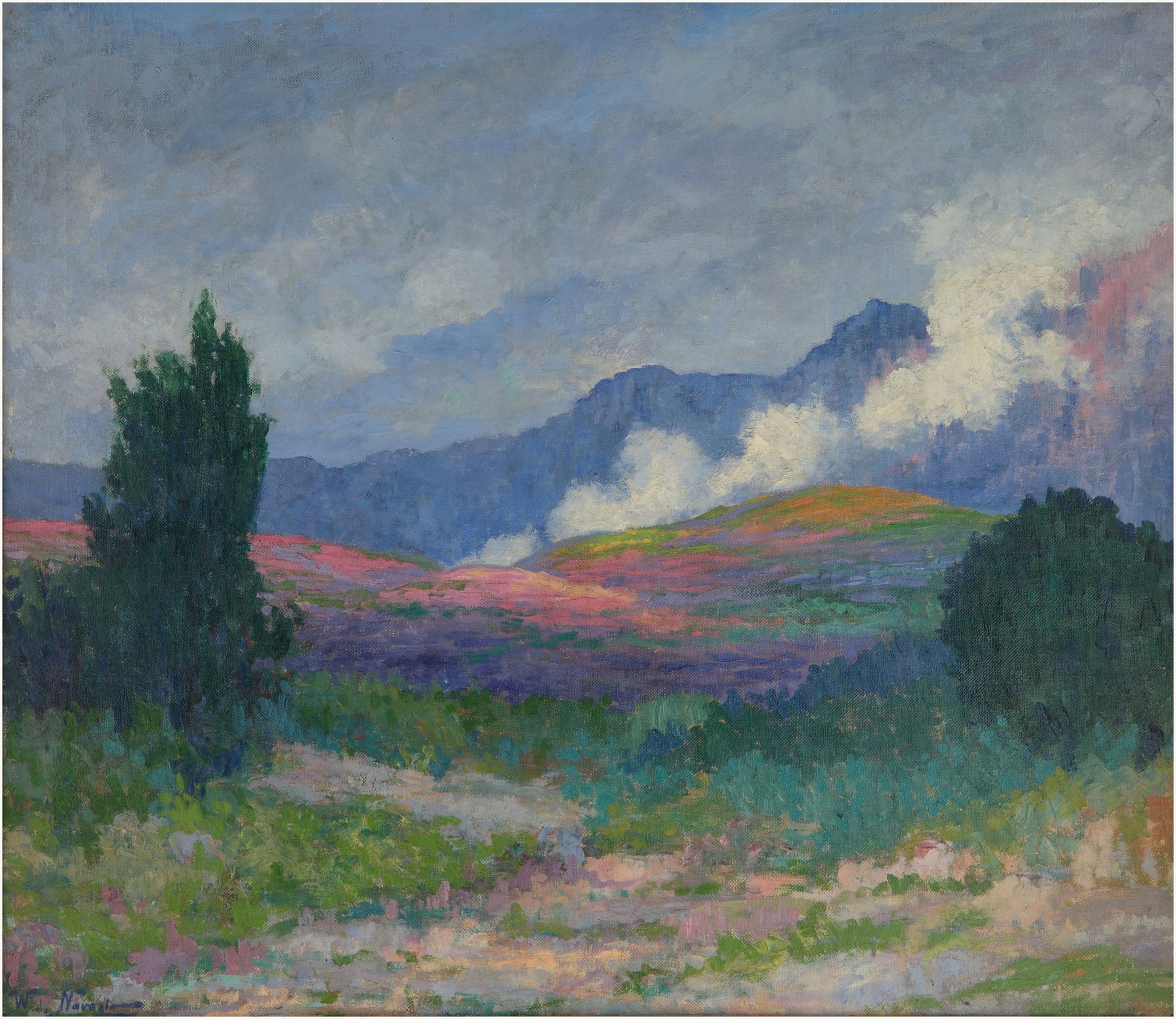 Nubes en la sierra, oil on canvas by Walter de Navazio depicting mountains and clouds.