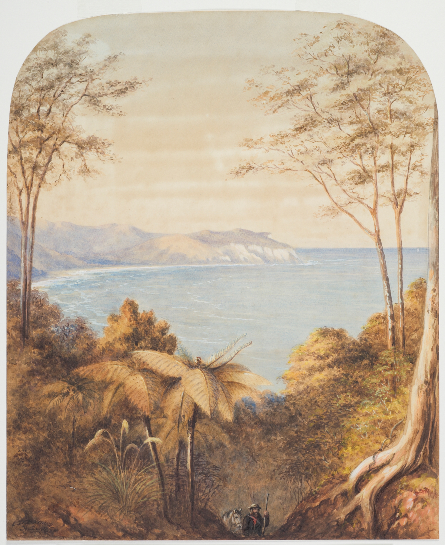Oil on canvas by Charles Decimus Barraud depicting a New Zealand seascape with waves and sunset.