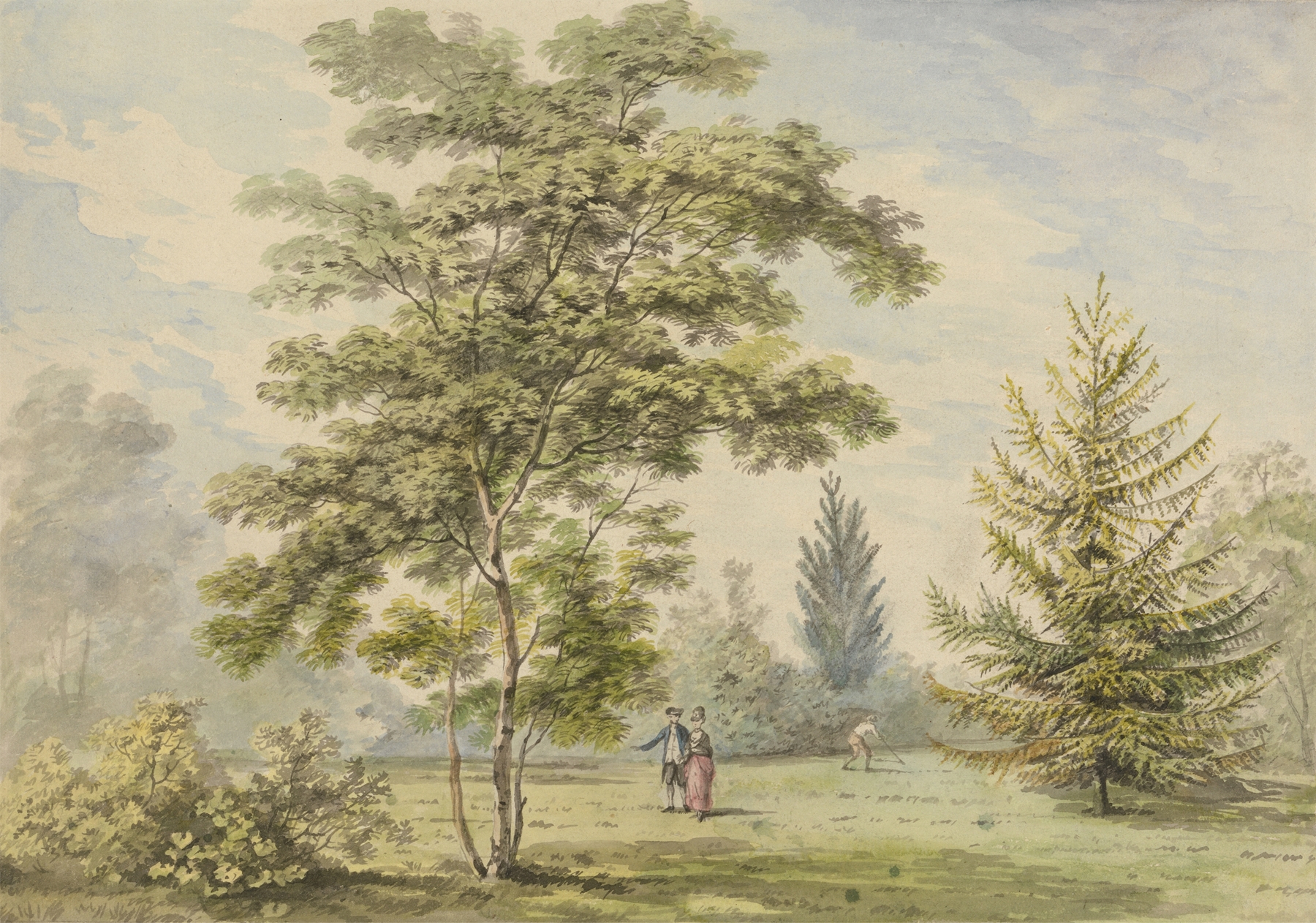 The Acacia Tree, Figures in a Park by George Barret, oil on canvas depicting figures in a lush park.