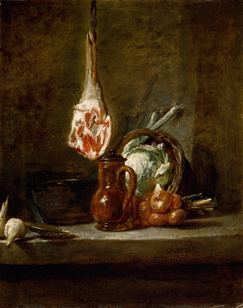A still life painting featuring a leg of lamb and various kitchen items.