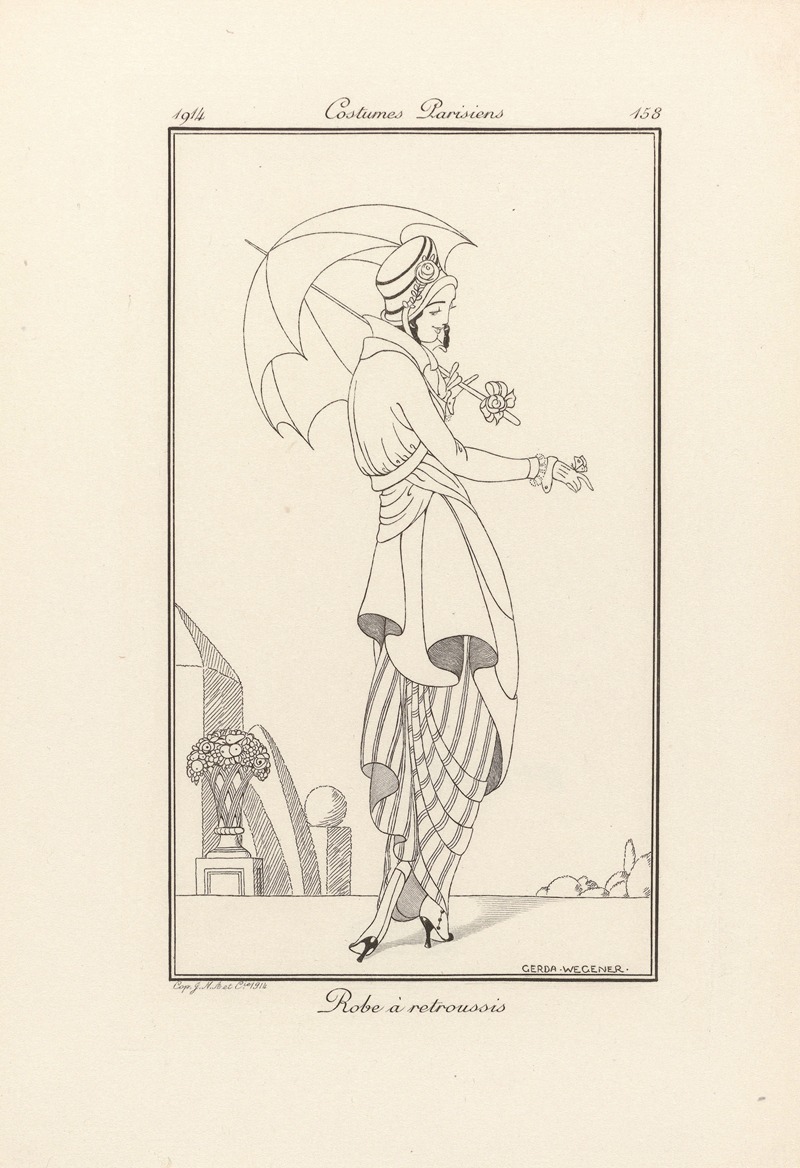 A striking portrait of a woman in a fashionable dress.