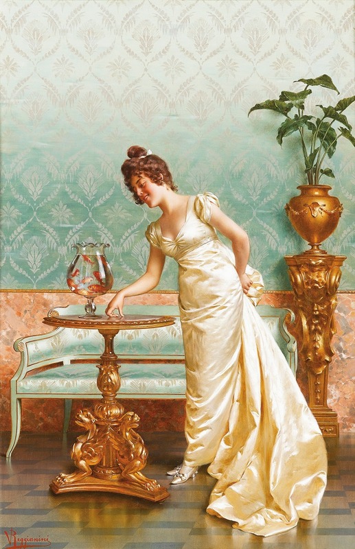 A woman admires goldfish in a serene setting.