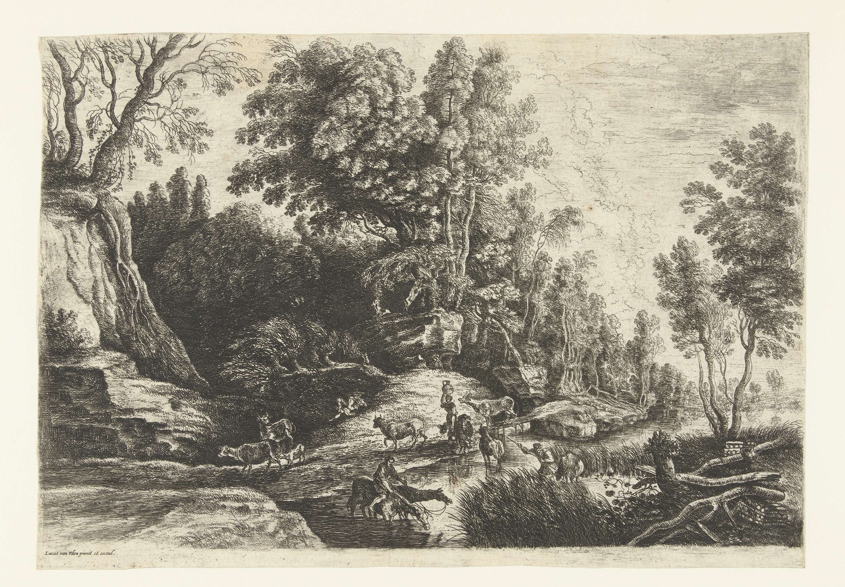 Horses and cows by a water basin, etching by Lucas van Uden