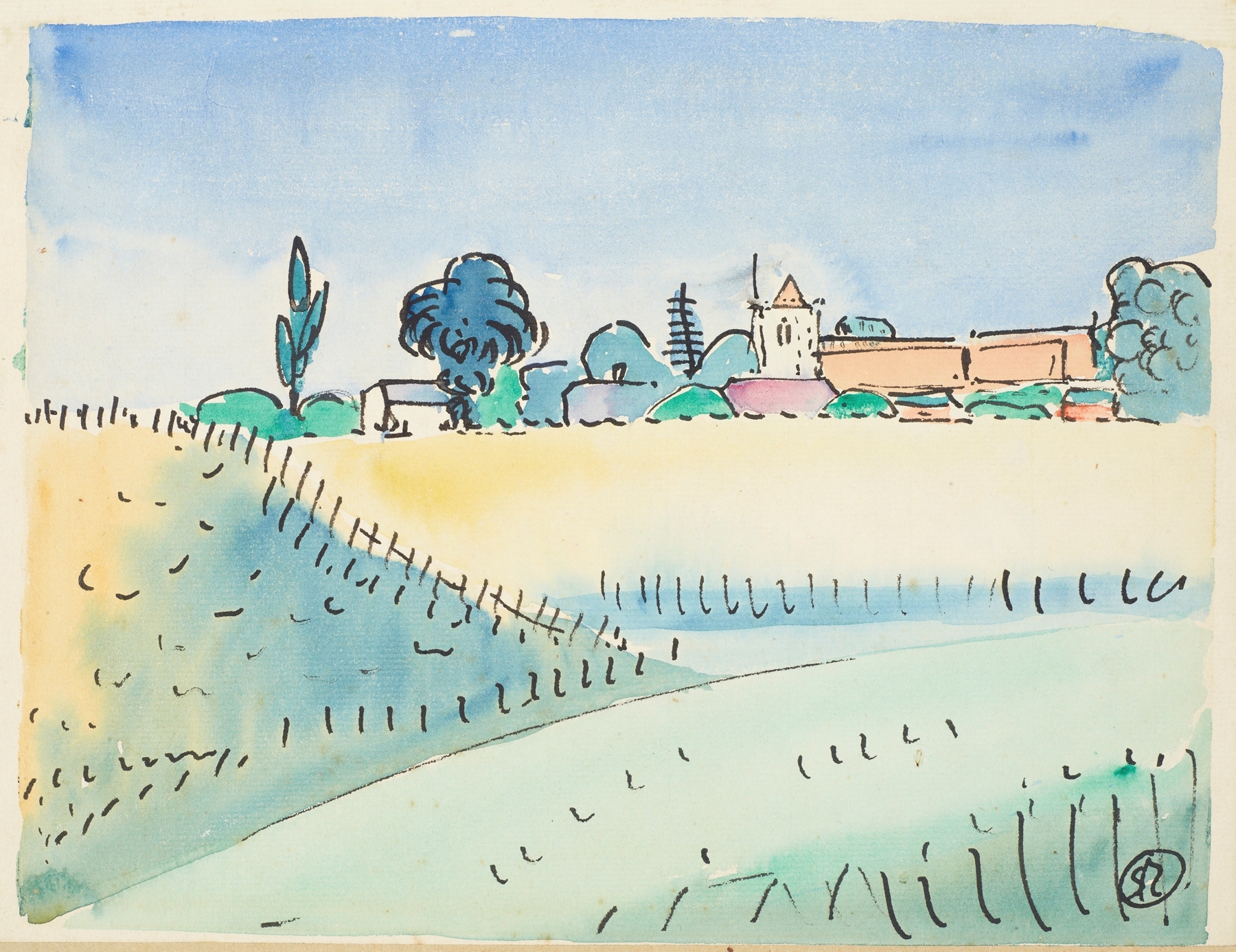 Landscape with church, oil on canvas by Raymond McIntyre
