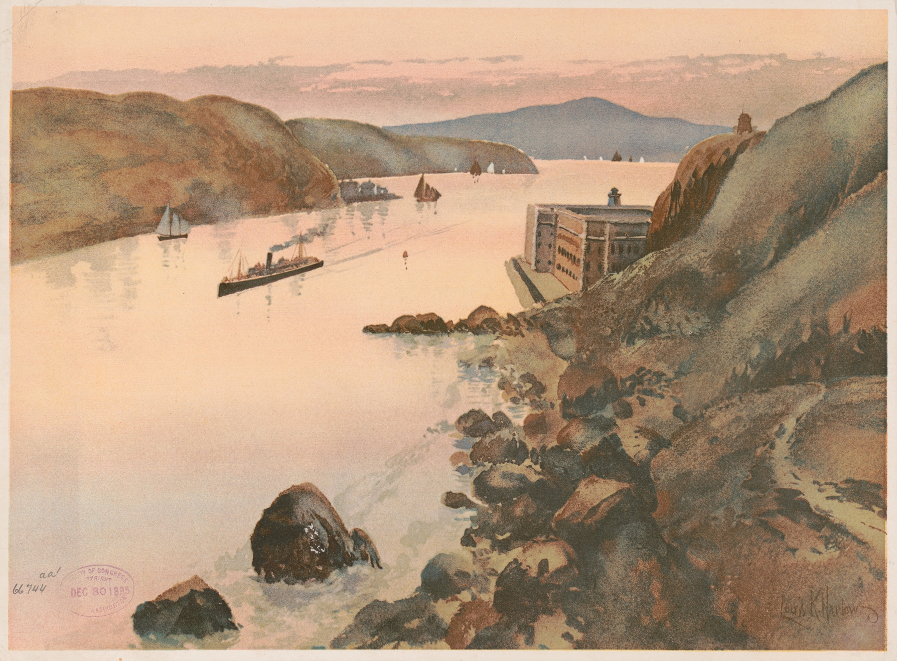 Fortifications and Golden Gate, oil on canvas by Louis Kinney Harlow, depicting a fortress and hills.