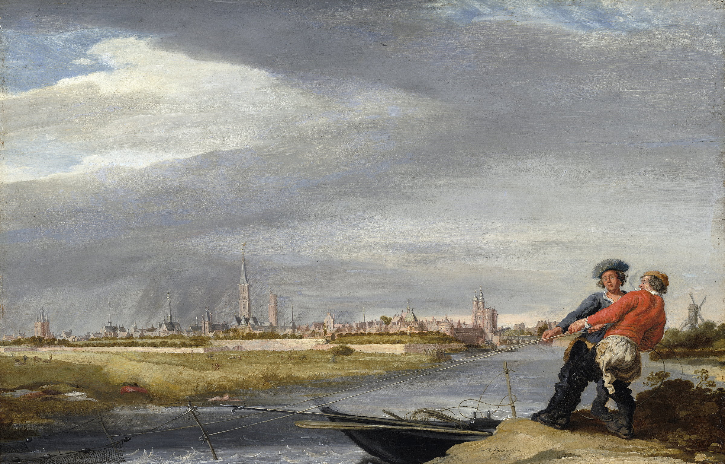 Hauling the Net by Dirk Hardenstein, depicting fishermen pulling a net in turbulent waters, oil painting