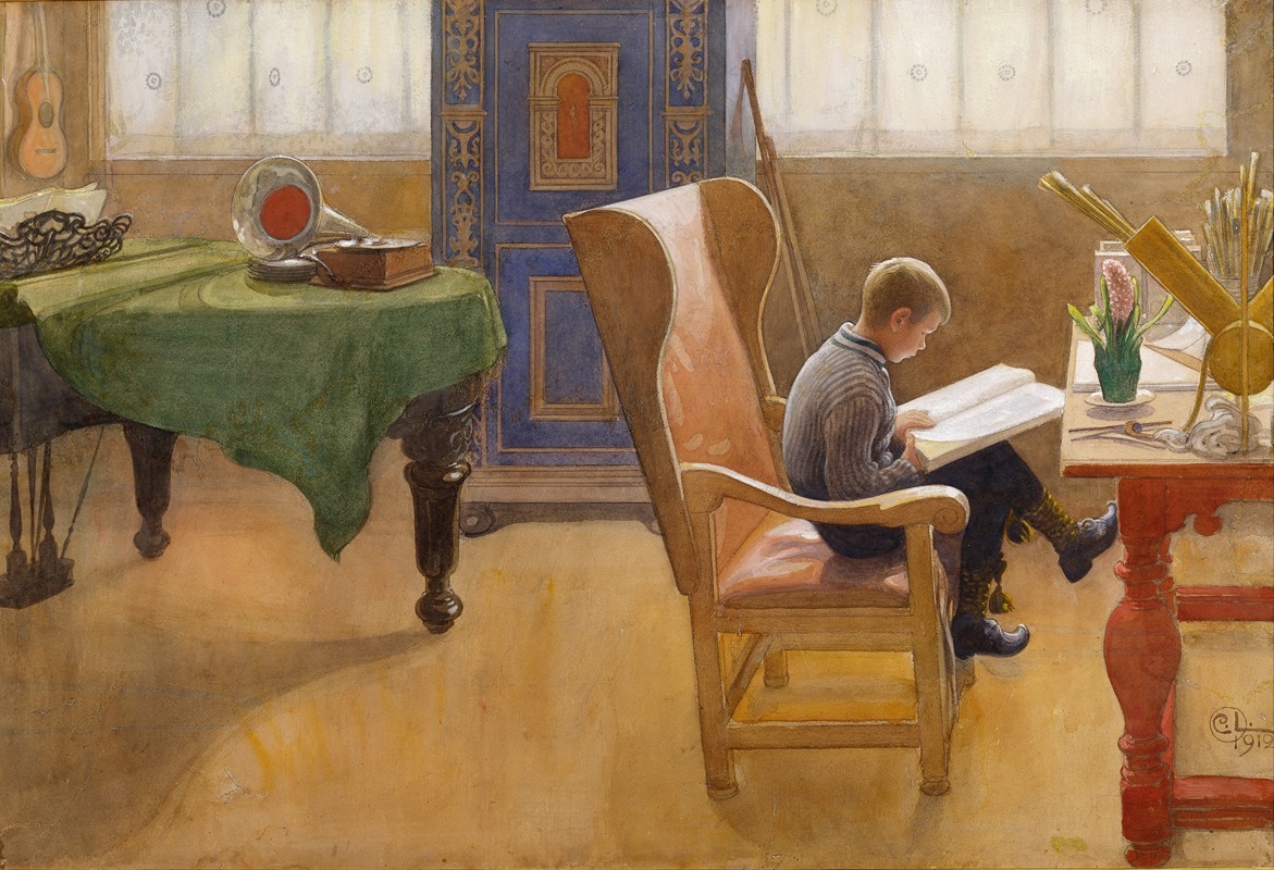 Carl Larsson's painting depicts a serene study corner with a young boy immersed in reading.