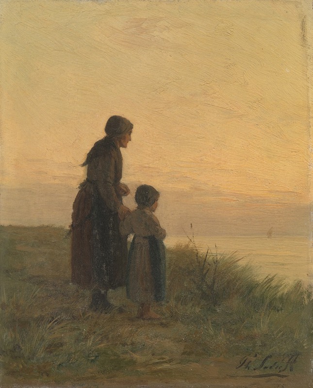 A landscape painting depicting dunes and figures.