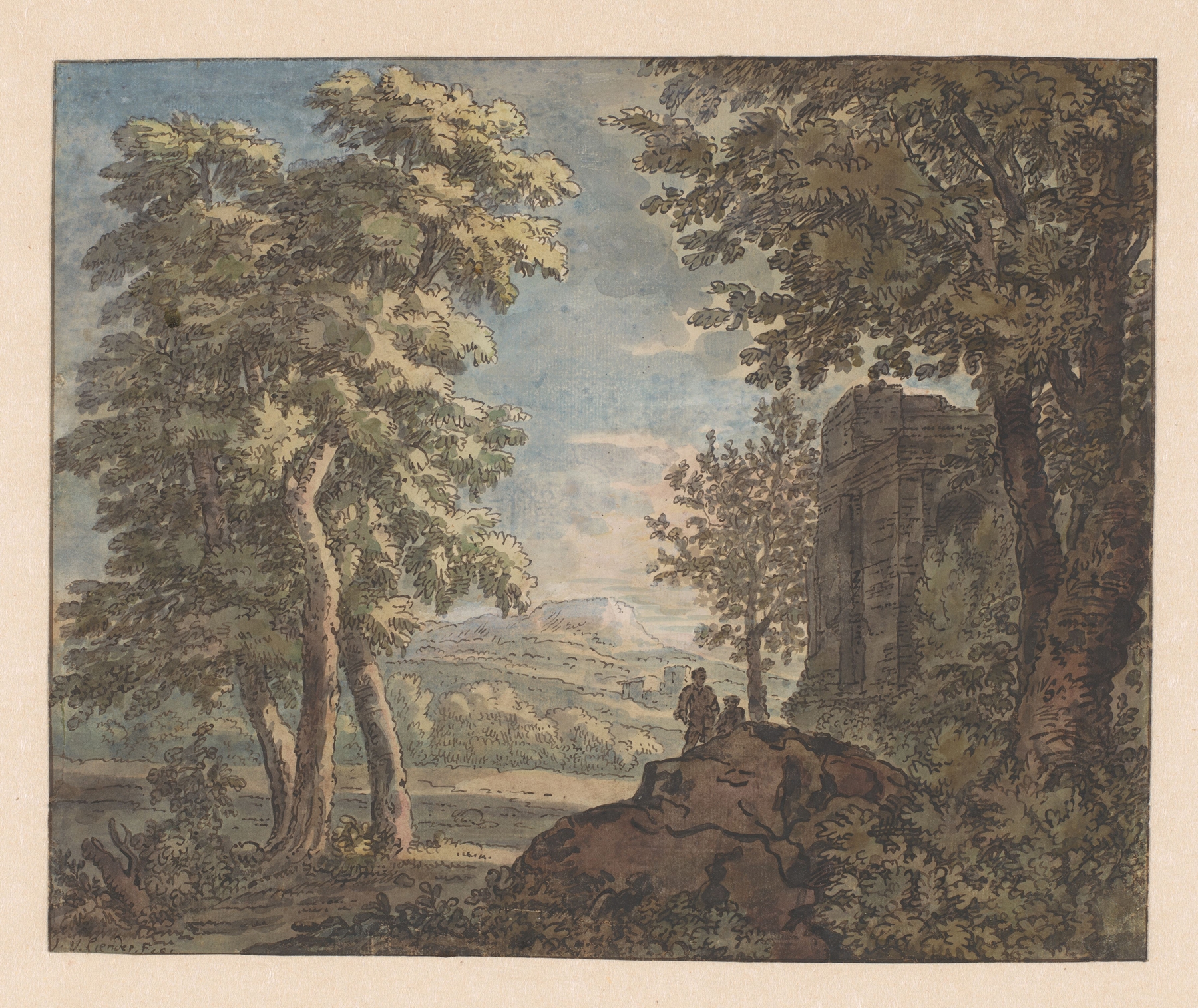 Arcadisch landschap met antiek bouwval en twee mannen, oil on canvas by Jacob van Liender