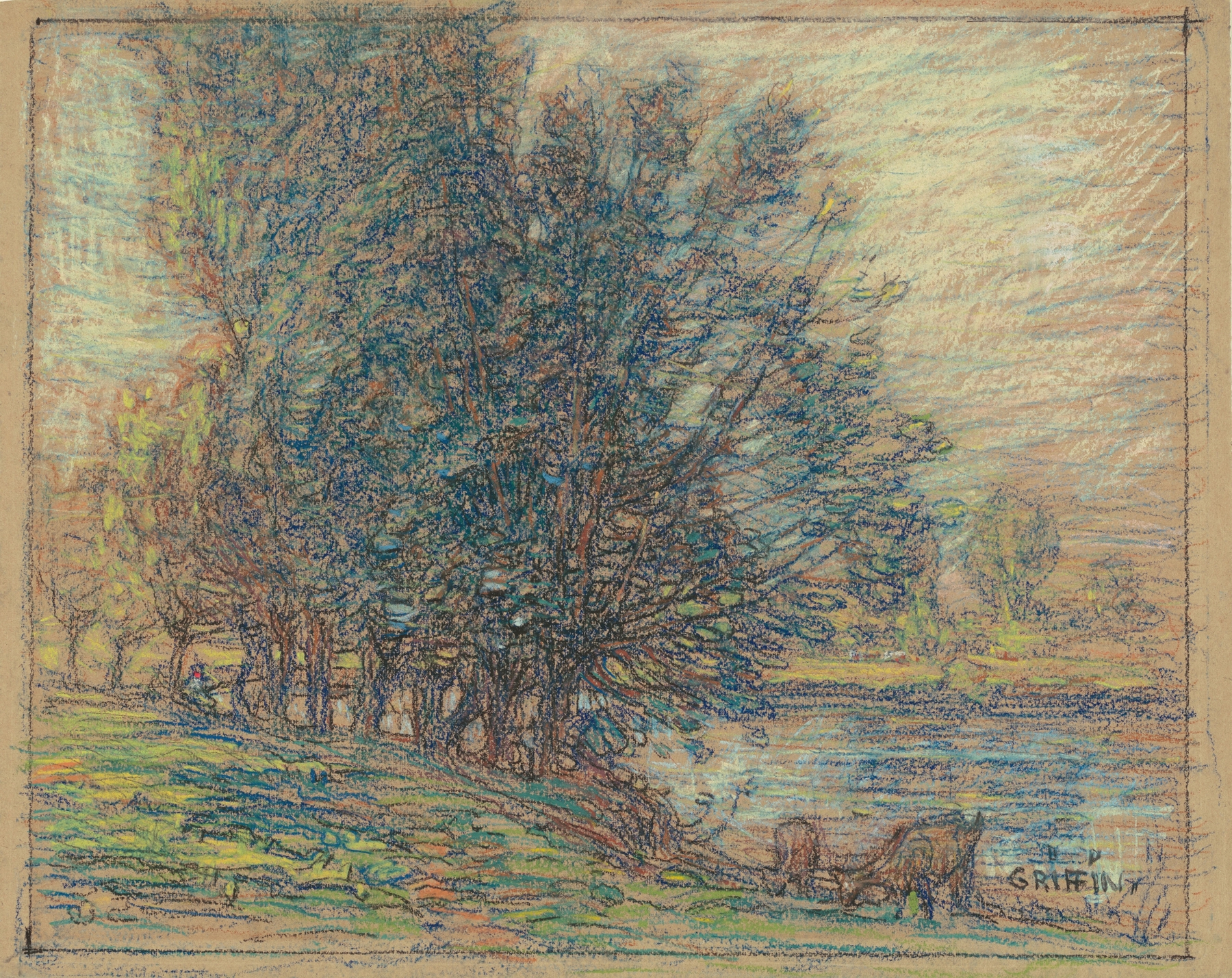 Willows by Walter Griffin, oil painting depicting twisted trees and a serene landscape.