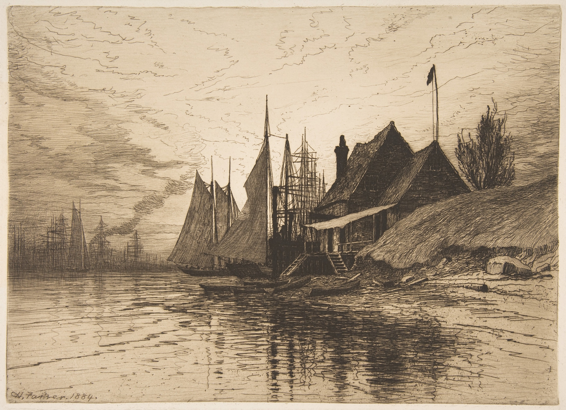 Evening, New York Harbor by Henry Farrer, oil on canvas depicting a tranquil harbor at twilight