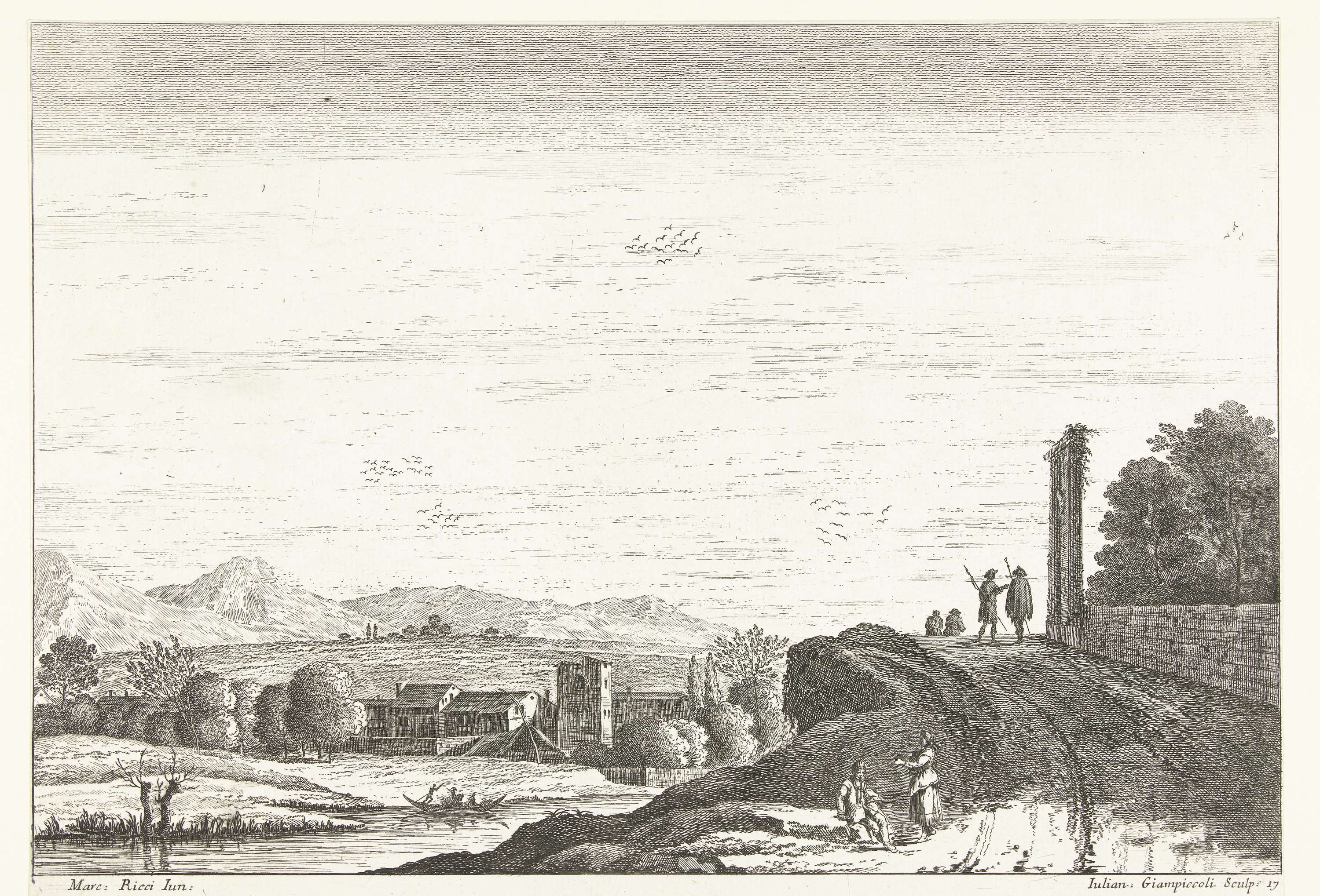 Etching by Giuliano Giampiccoli depicting a river, figures, and two ancient columns