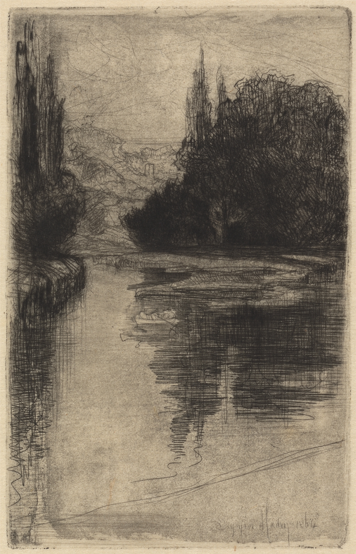 Evening by Francis Seymour Haden, depicting a tranquil landscape at twilight, etching