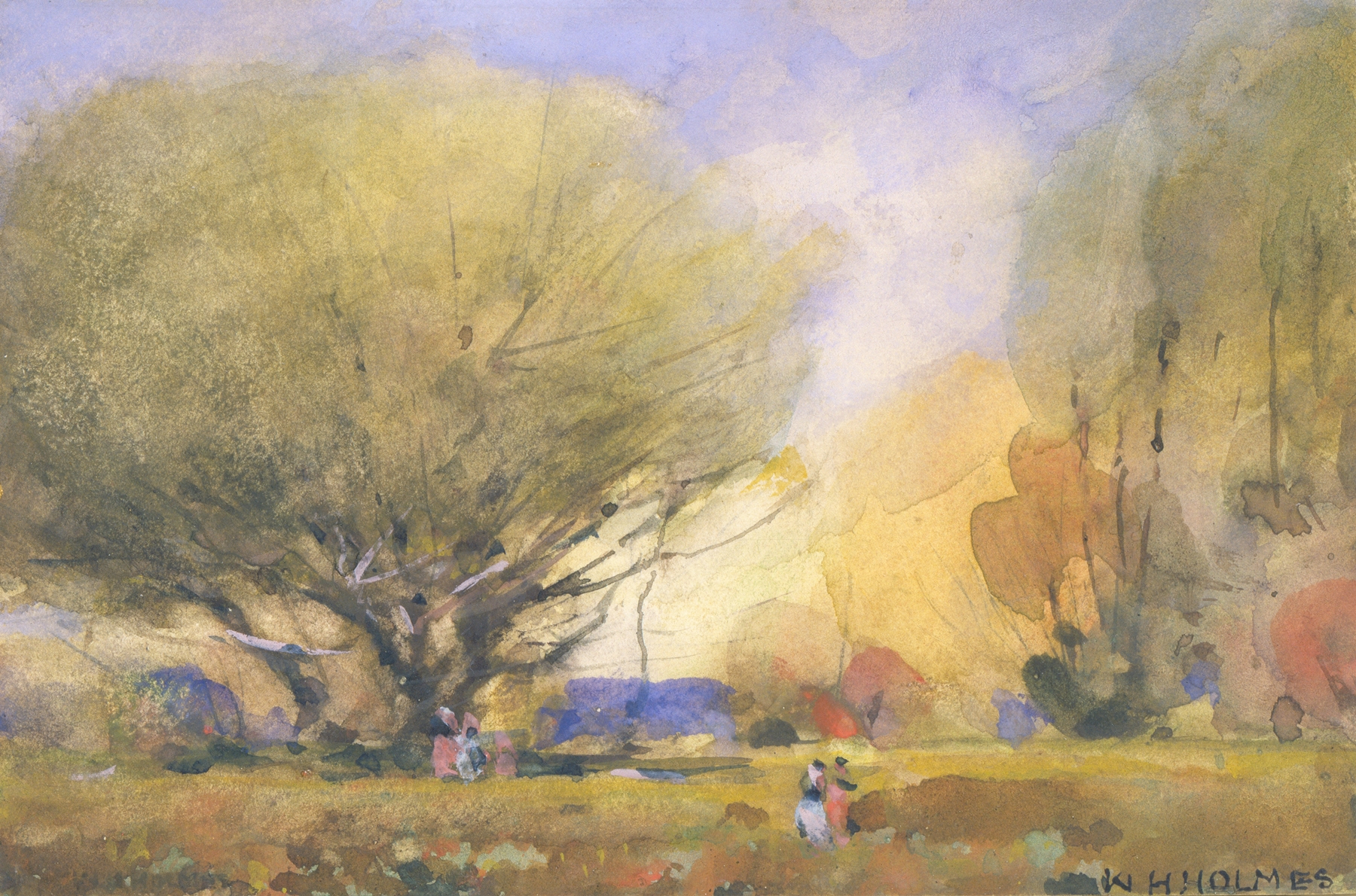 Summer Scene by William Henry Holmes, oil painting depicting a vibrant summer landscape with sunlight and a meadow.