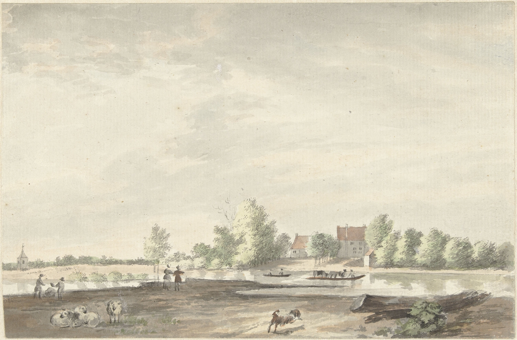 Landscape oil painting by Joseph Adolf Schmetterling depicting a river and a building