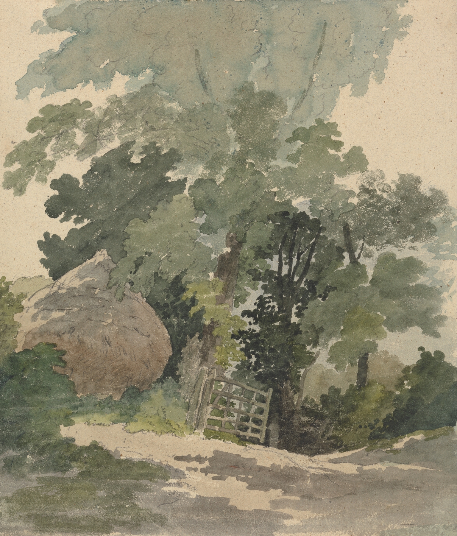 A Country Lane with Haystack and Gate by Robert Hills, oil painting