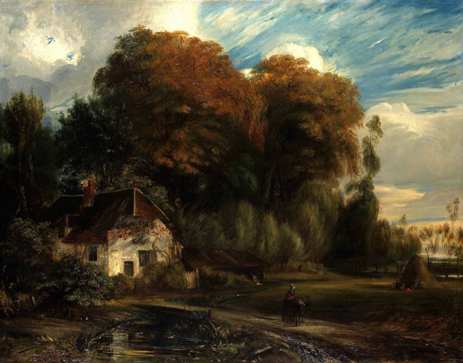 Caretaker’s Cottage in the Forest of Compiegne by Paul Huet, oil painting of a cottage in a lush forest.