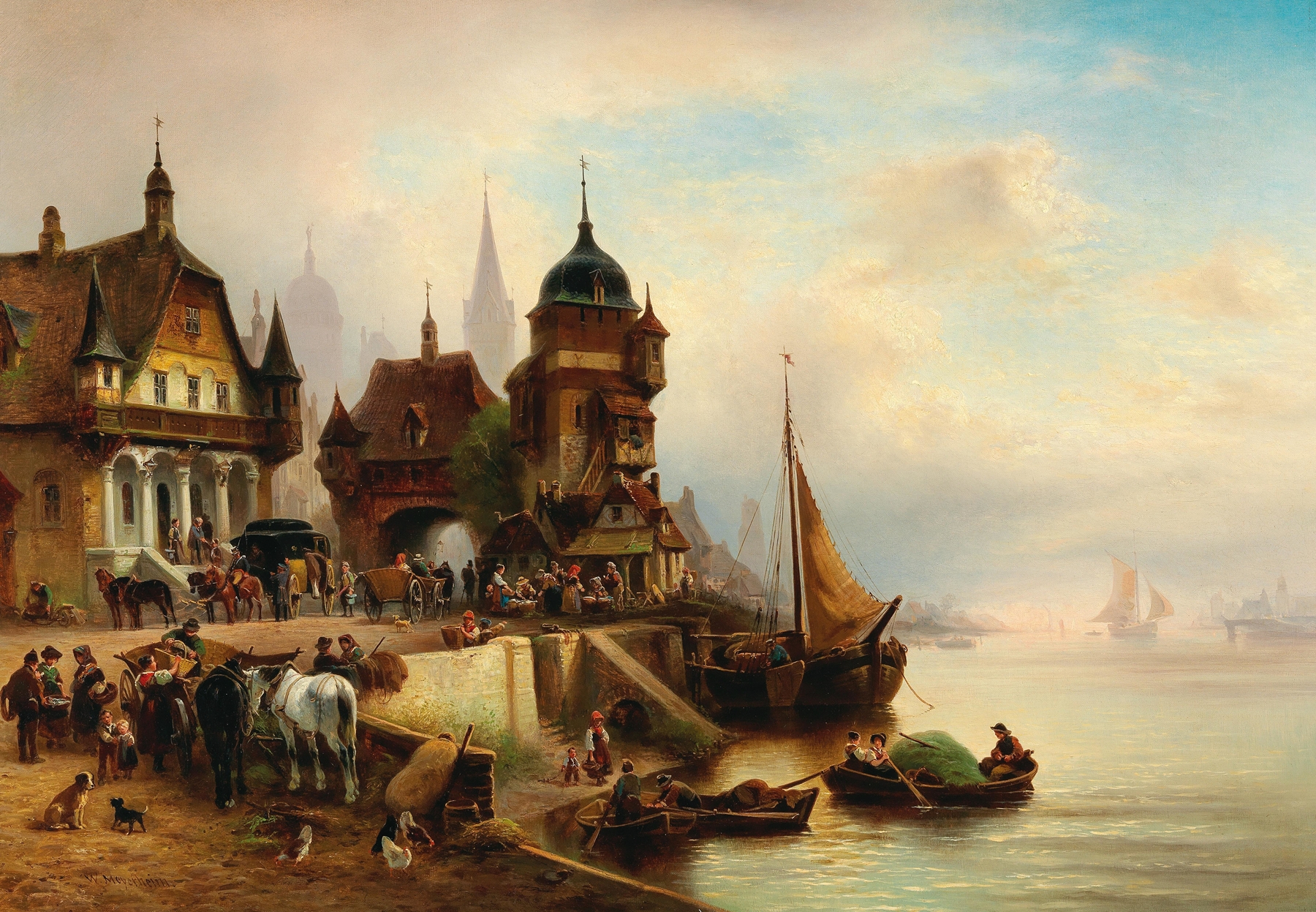 Oil on canvas by Wilhelm Alexander Meyerheim depicting a lively harbor scene